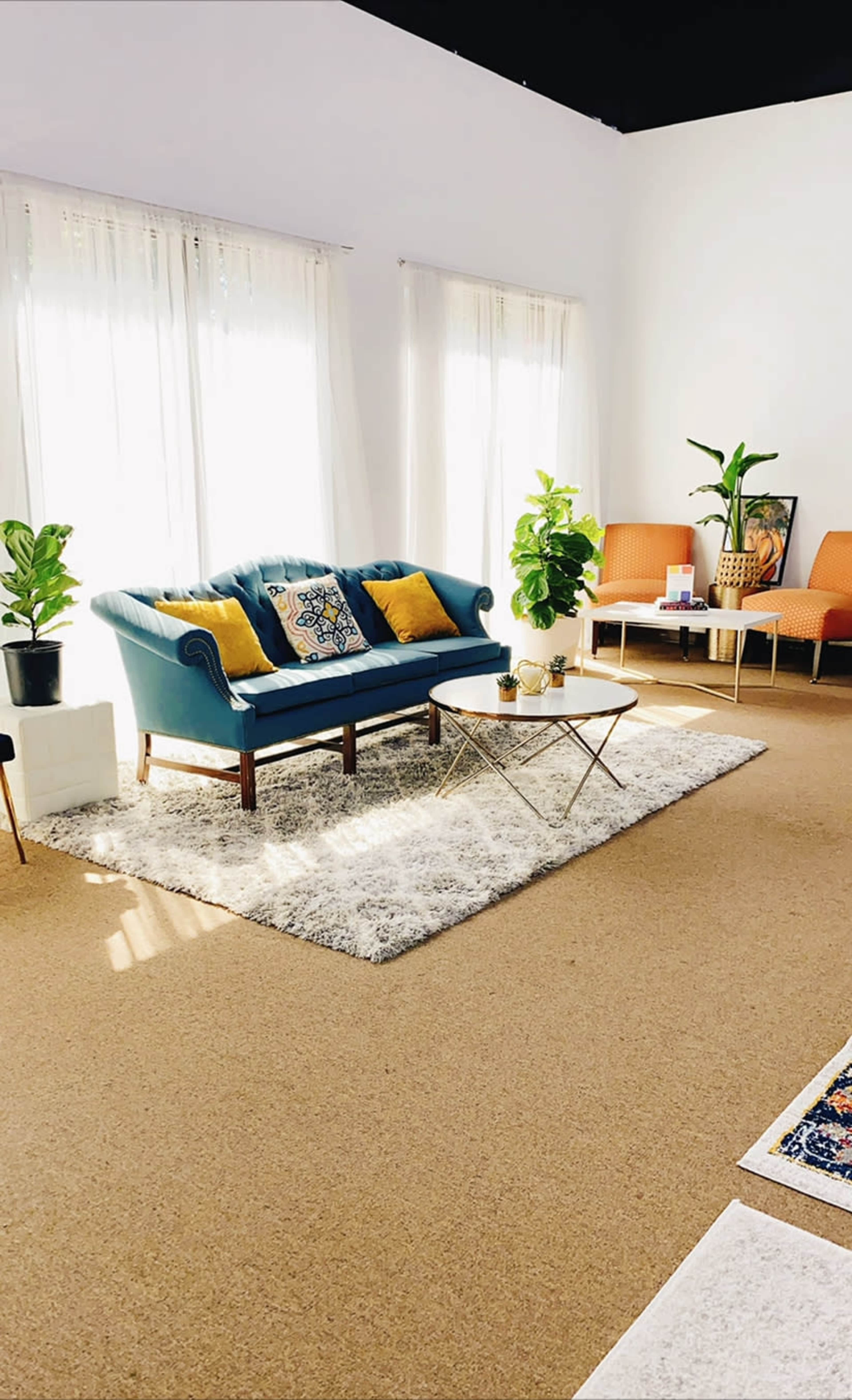 A cozy living space featuring a blue sofa with decorative pillows, a coffee table, potted plants, and two orange chairs, all arranged on a light-colored rug.
