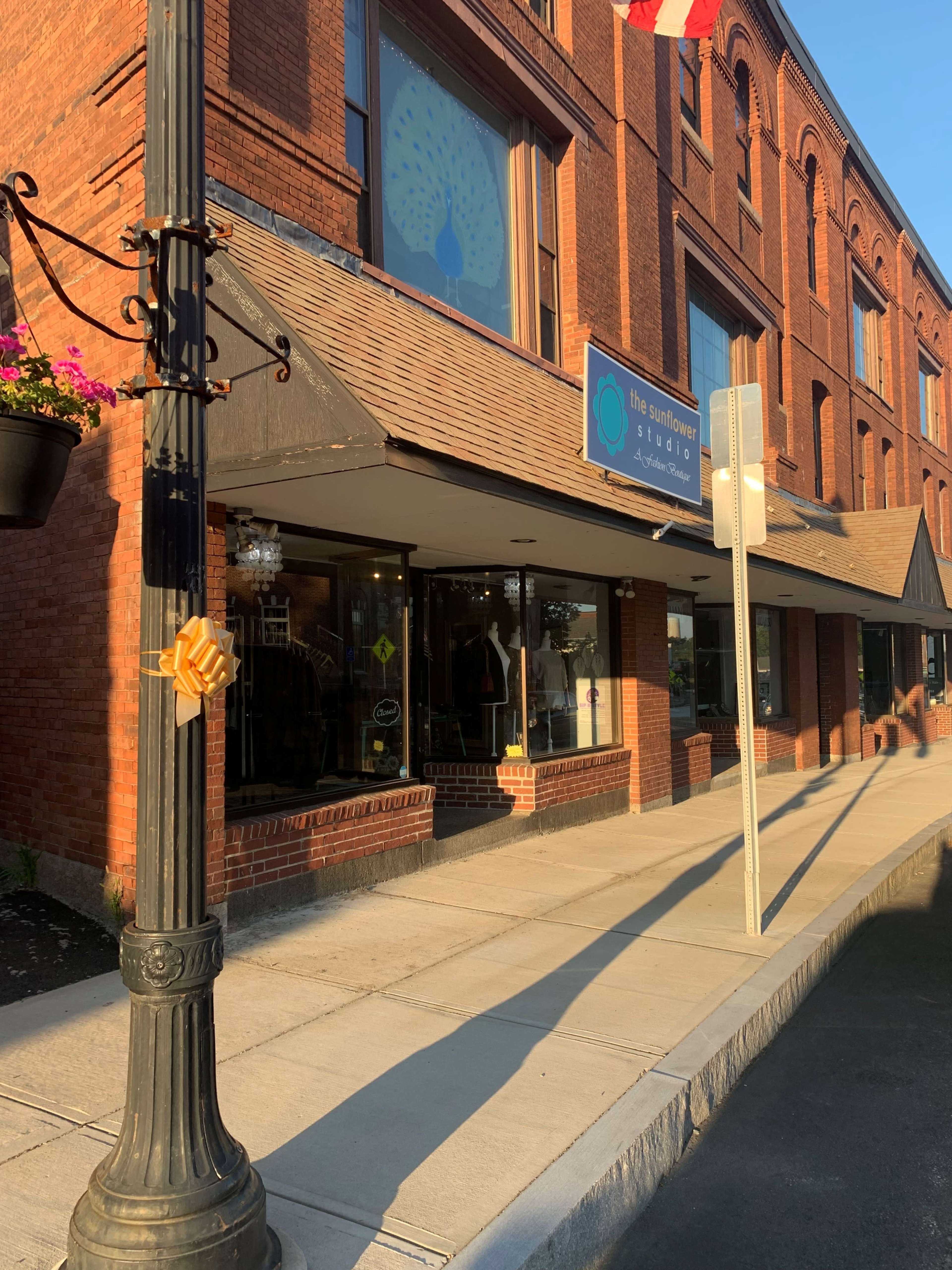 A brick building with a store front displaying a sign for "the Blue Tower Studio" and a planted flower basket on a lamppost.