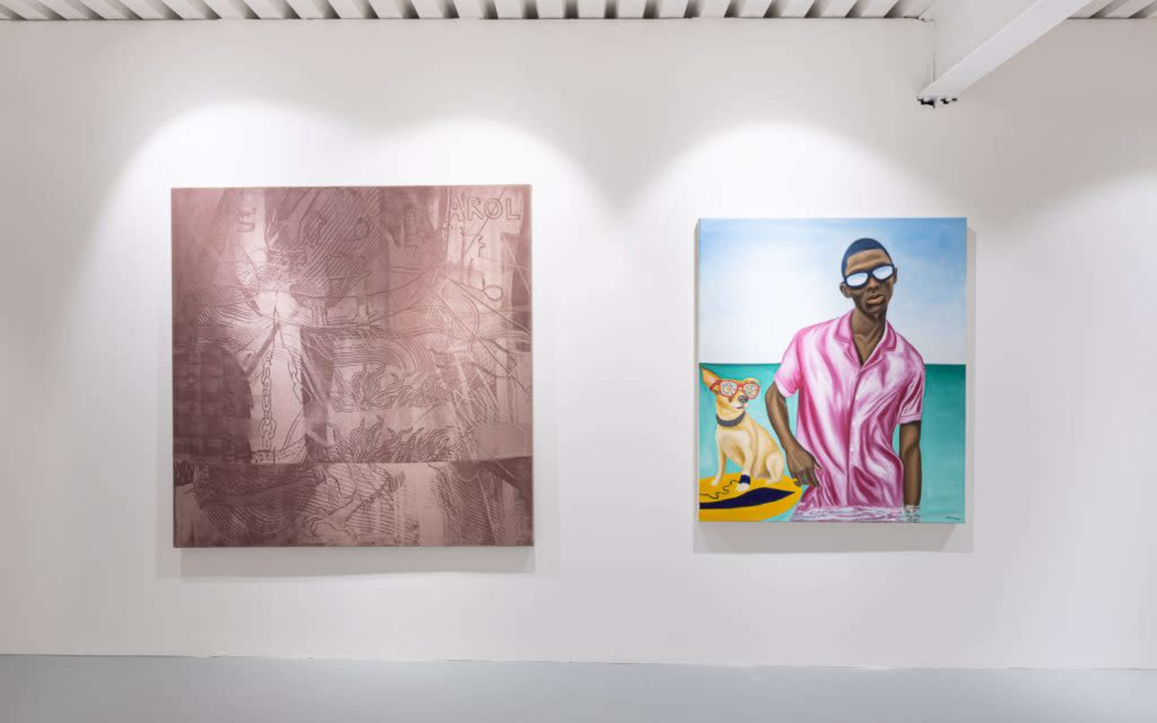 Two paintings are displayed on a white gallery wall, one with abstract textures and the other featuring a man in sunglasses alongside a dog on a boat.