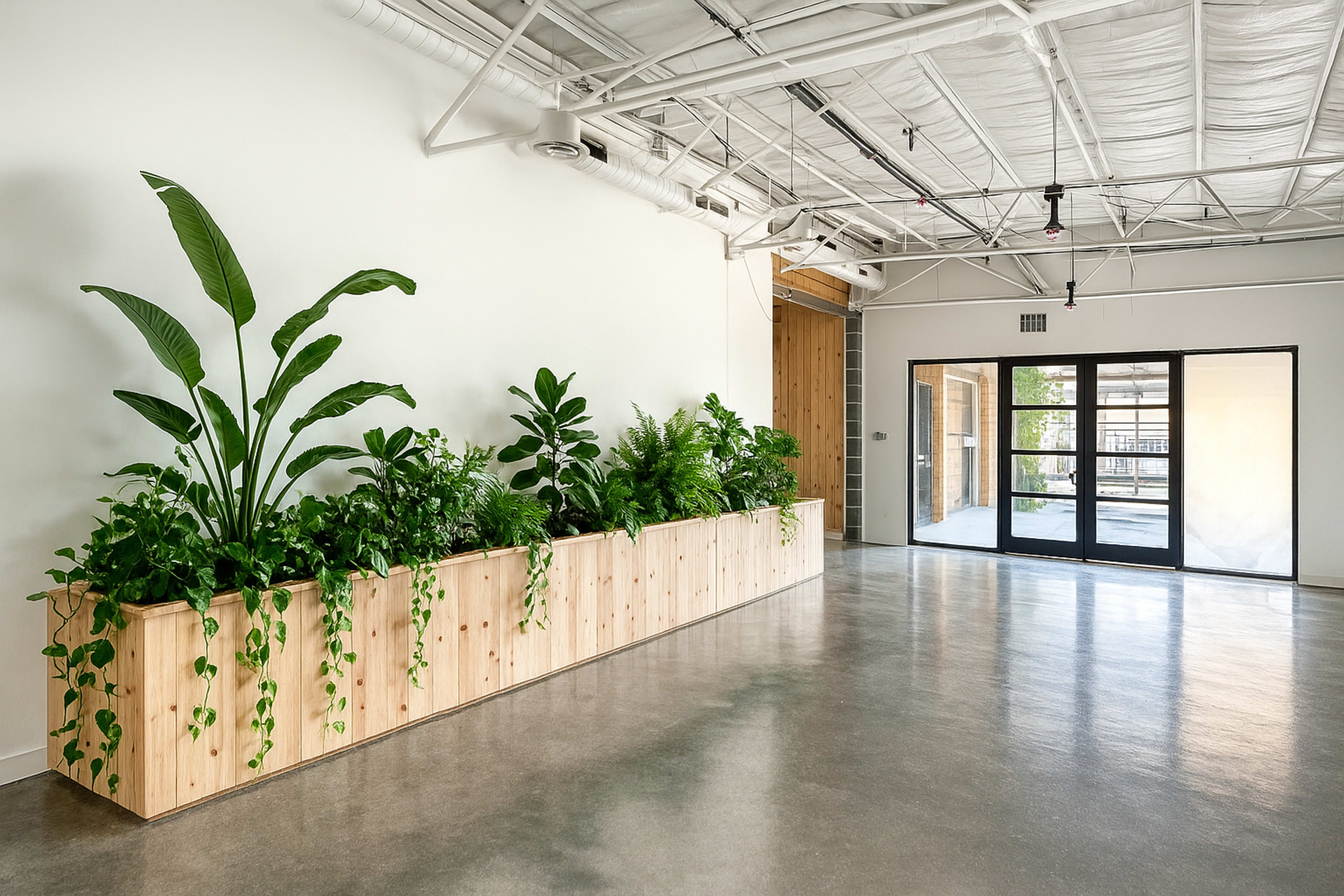 The image shows a bright interior space featuring a wooden planter box filled with various green plants, with large glass doors in the background leading outside.