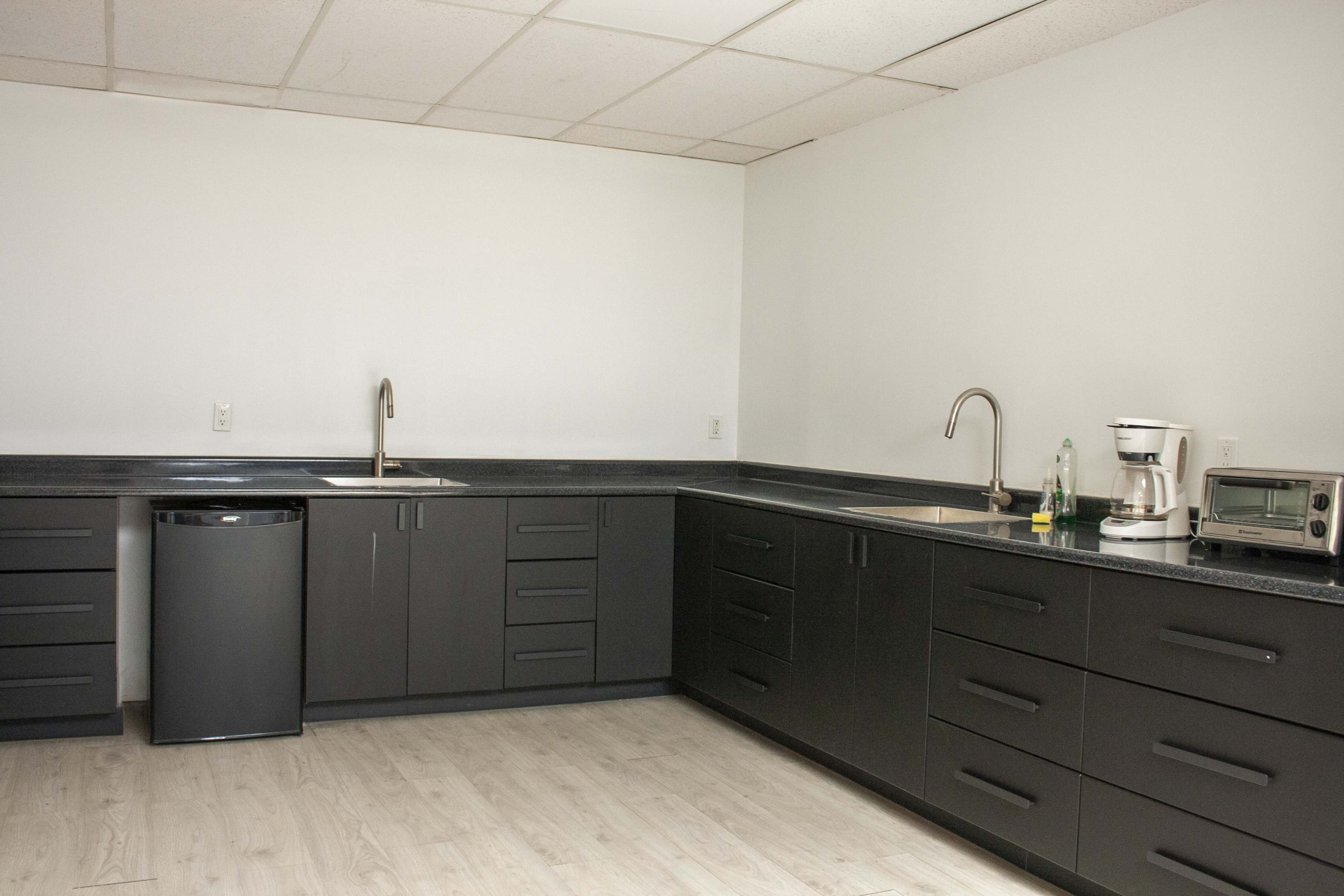 A modern kitchen featuring black cabinetry, countertops, and appliances, including a coffee maker and toaster, on a light wood floor.