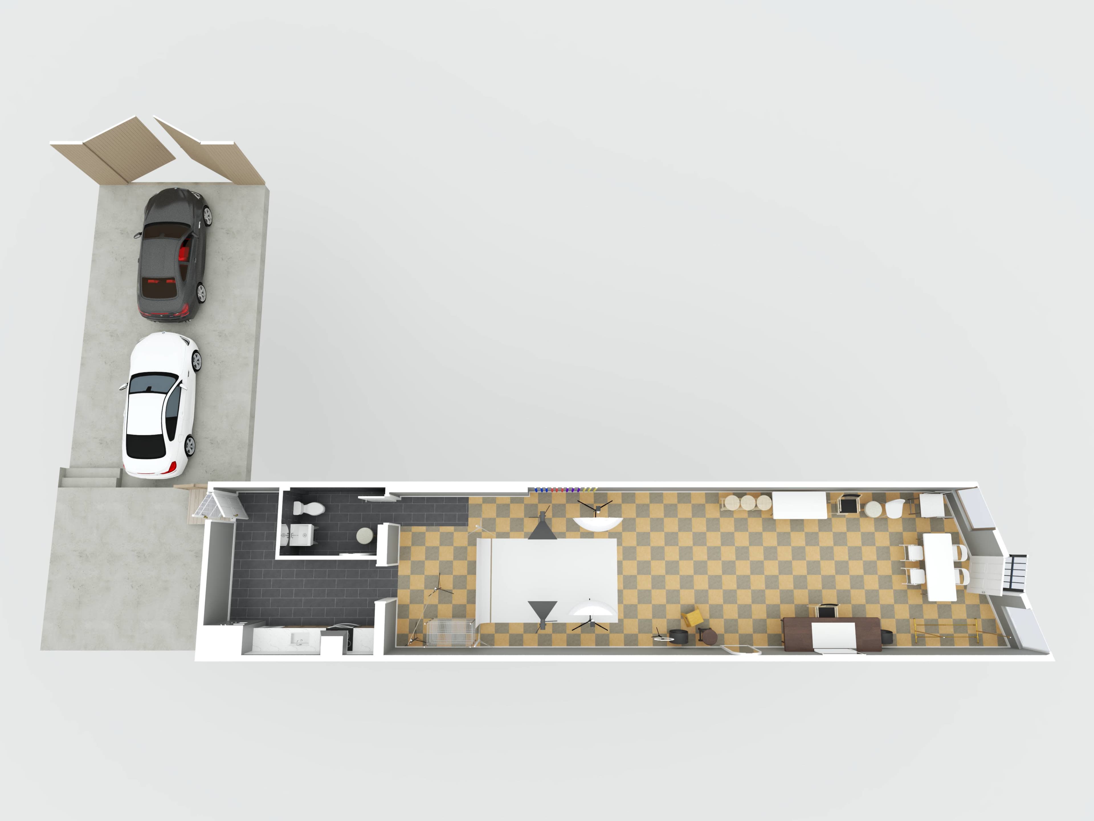 The image shows a layout of a modern home with a garage on one side and an open living space that includes a kitchen, dining area, and living room.