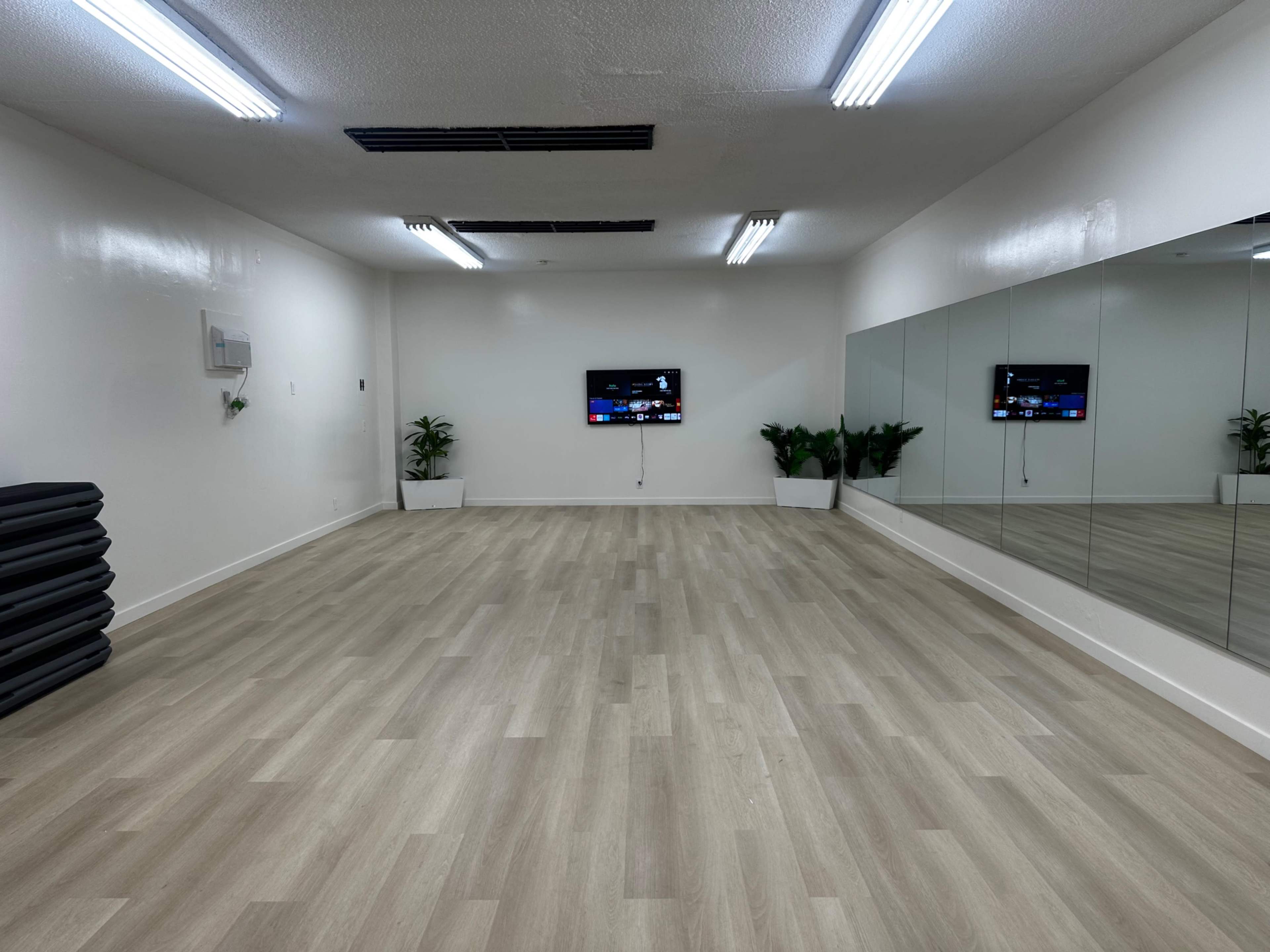The image shows a clean, empty exercise studio with mirrored walls, a television mounted on the wall, and two potted plants in the corners.