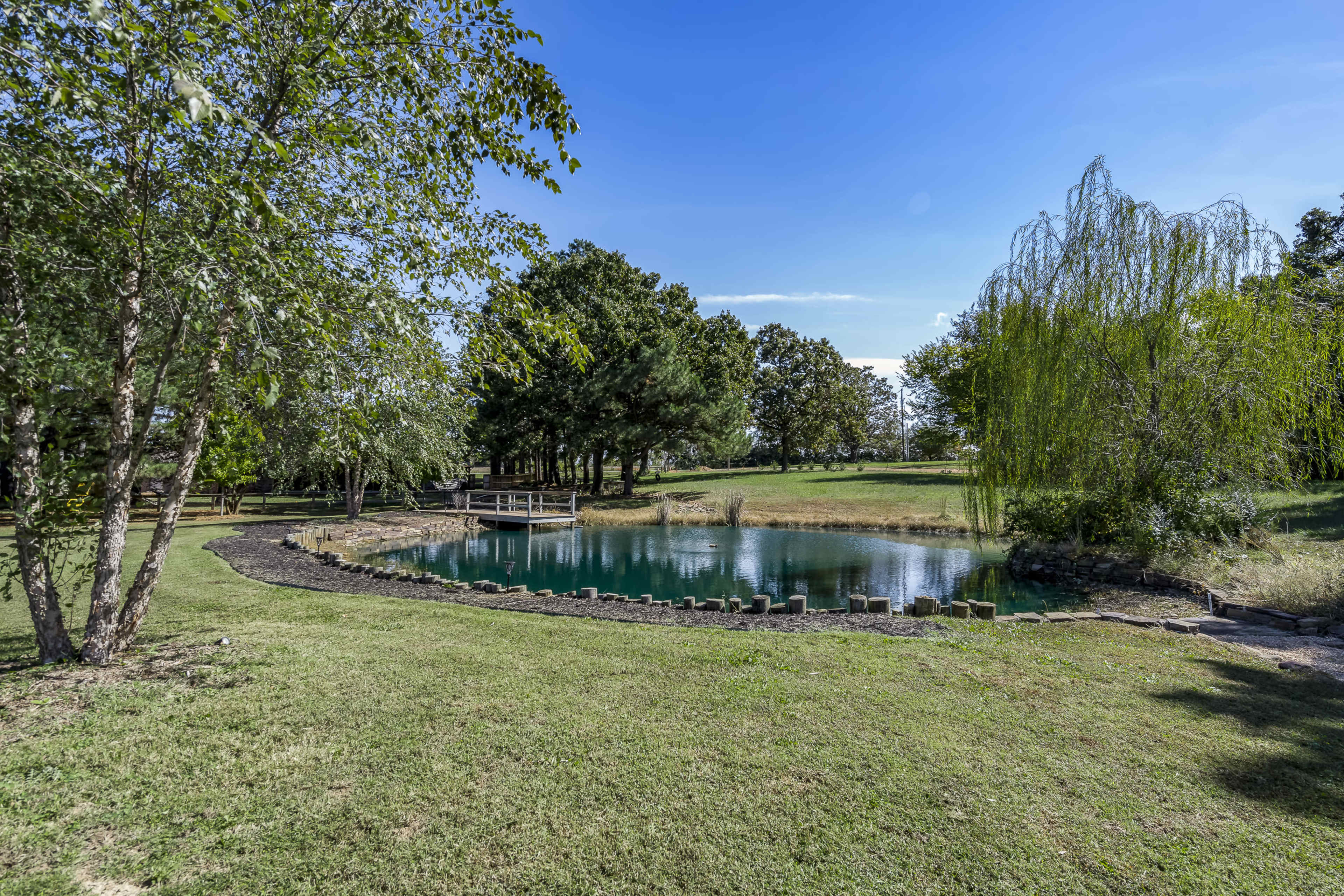 A serene pond is surrounded by trees and grassy land under a clear blue sky.