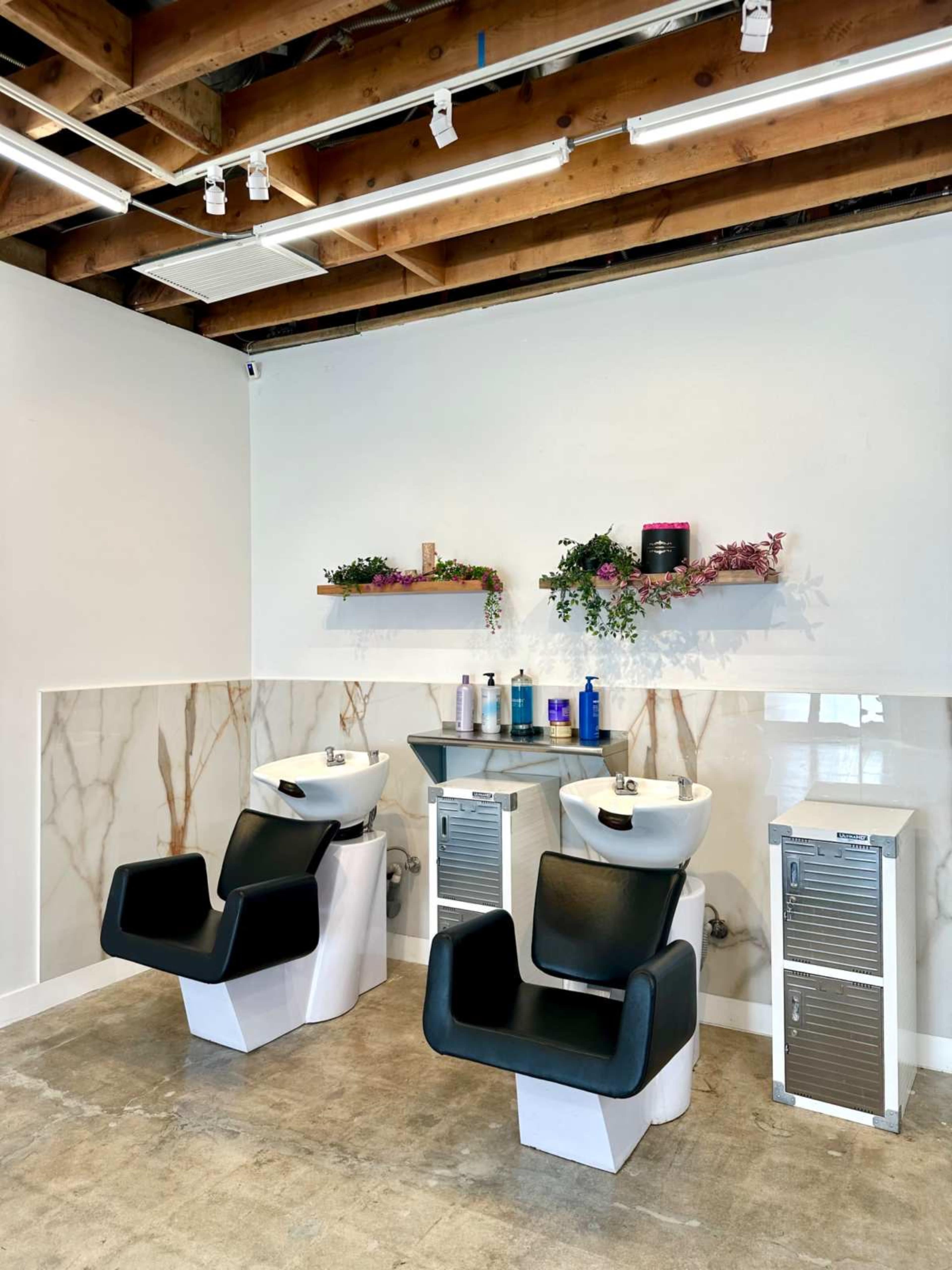 The image shows a modern hair salon setup featuring two black shampoo chairs and matching sinks against a marble wall with plants and decorative shelves above.
