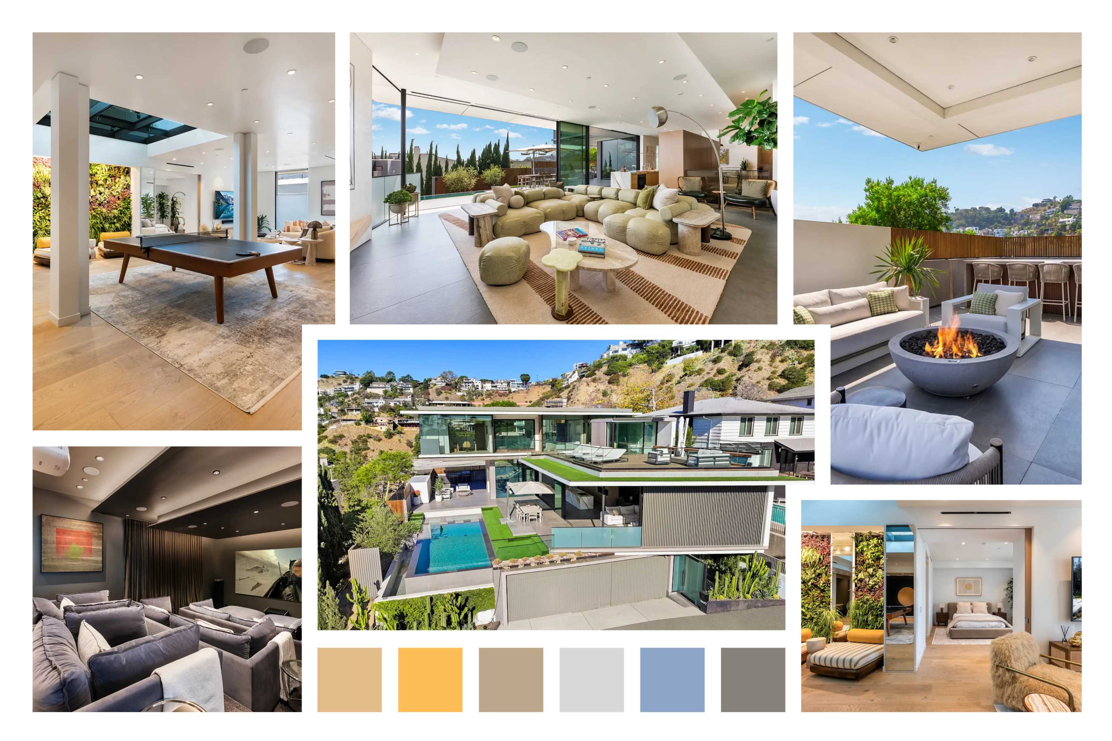 The image features a collection of modern interior and exterior spaces, showcasing sleek designs with various seating areas, a swimming pool, and terraces.