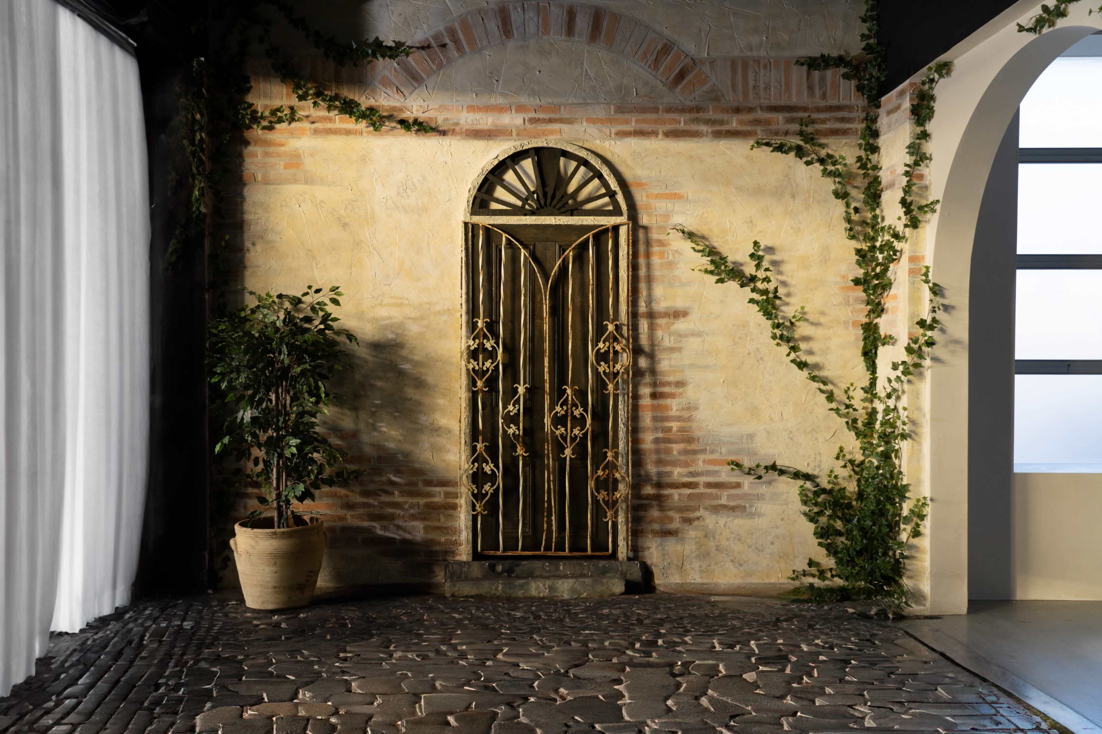 A brick wall with an ornate metal door and ivy climbing the surface, alongside a potted plant on a cobblestone floor.