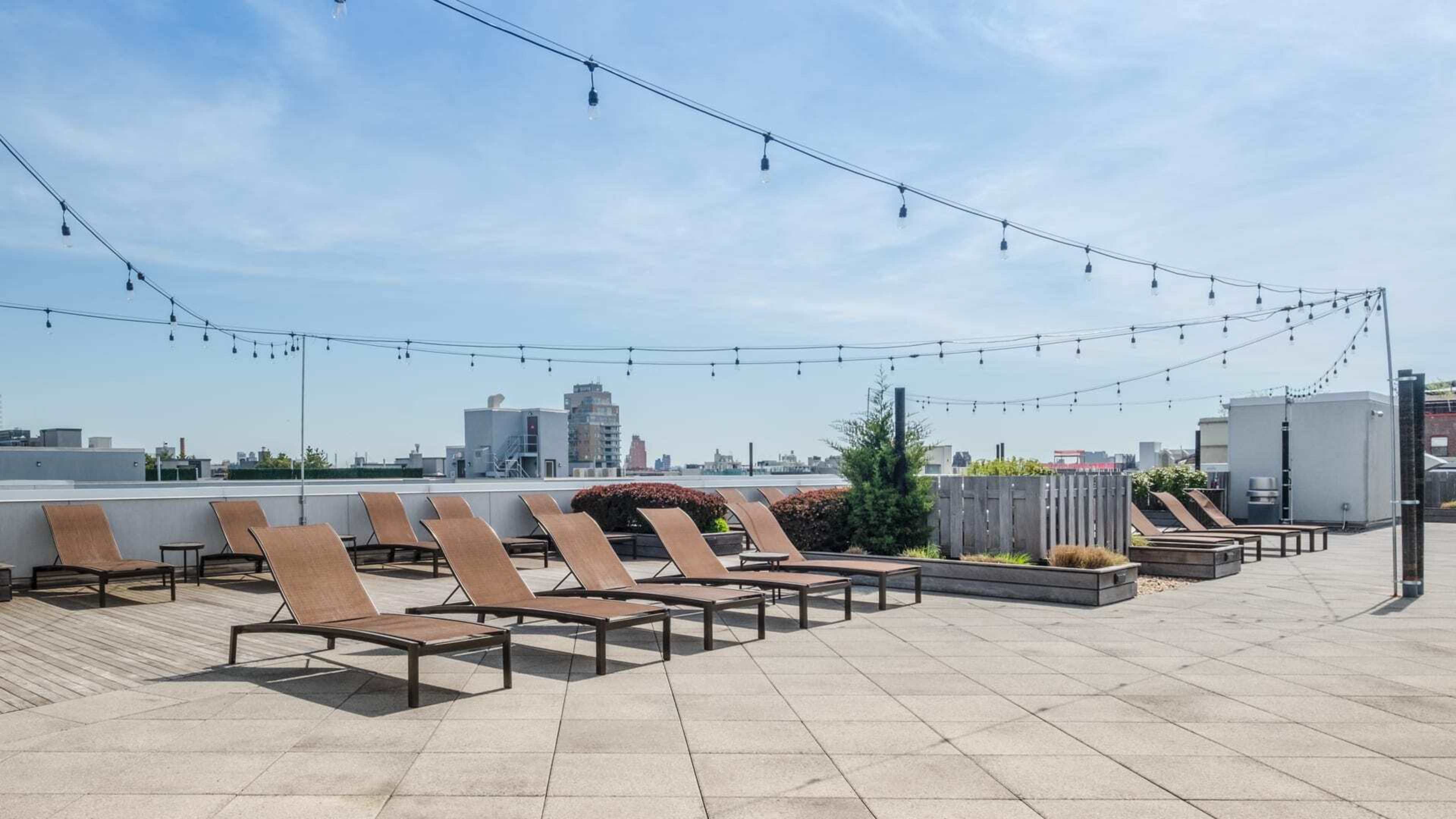 A rooftop deck features several lounge chairs arranged neatly under string lights, with a city skyline visible in the background.