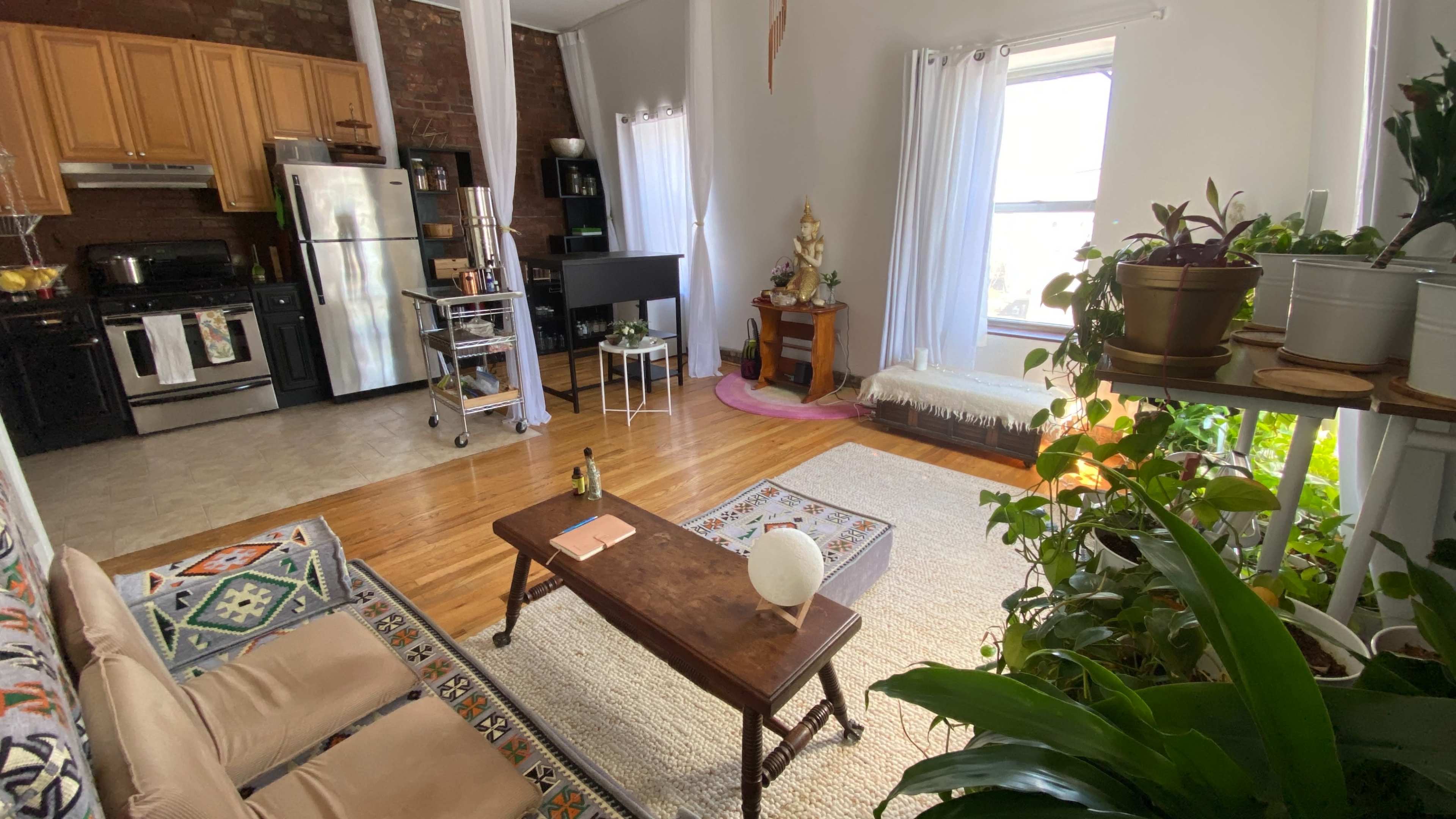 A living room with wooden floors, a sofa, a coffee table, a small dining area, and several potted plants.