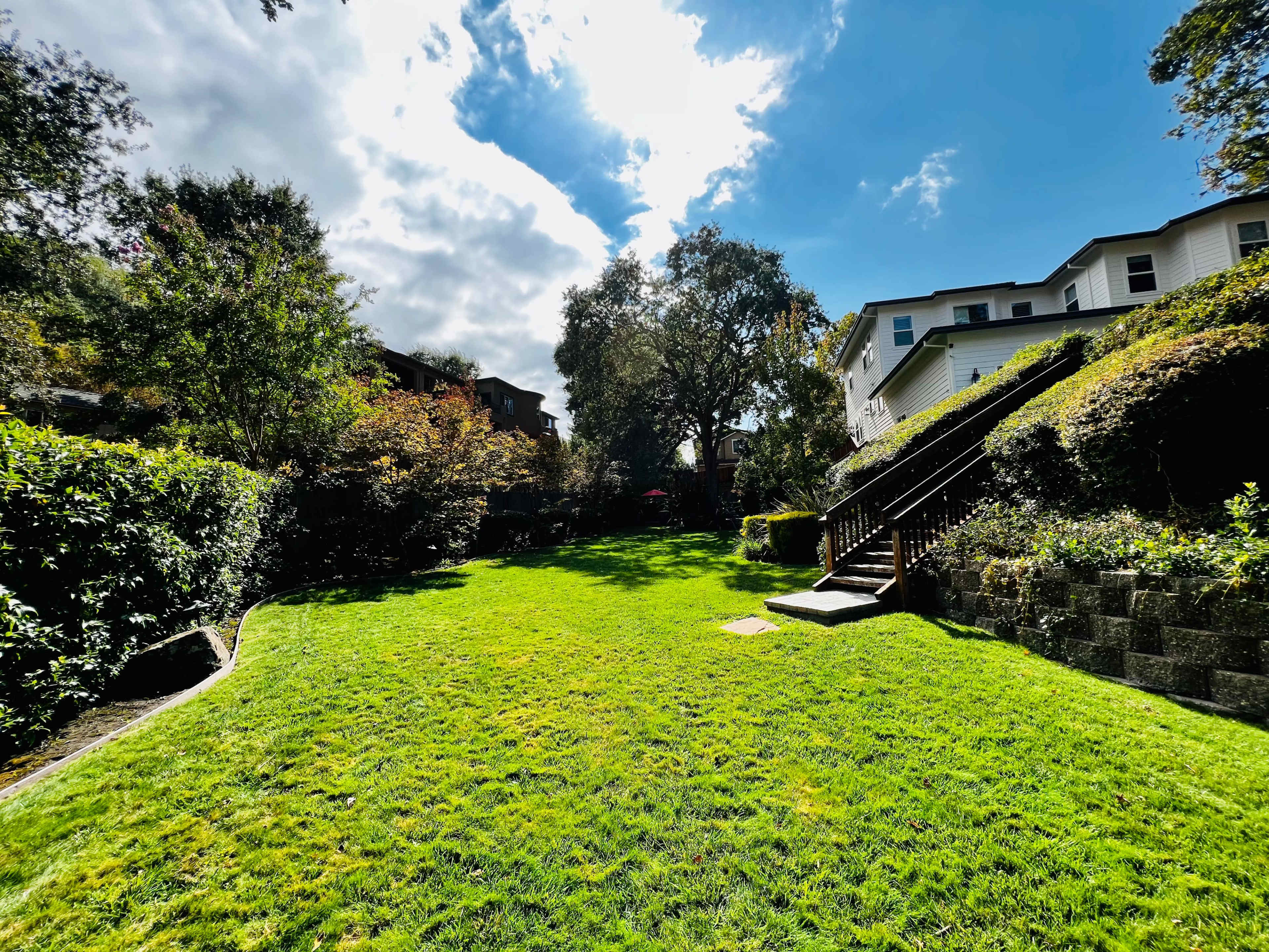A lush green backyard with a pathway leading to a wooden staircase and residential buildings on either side.