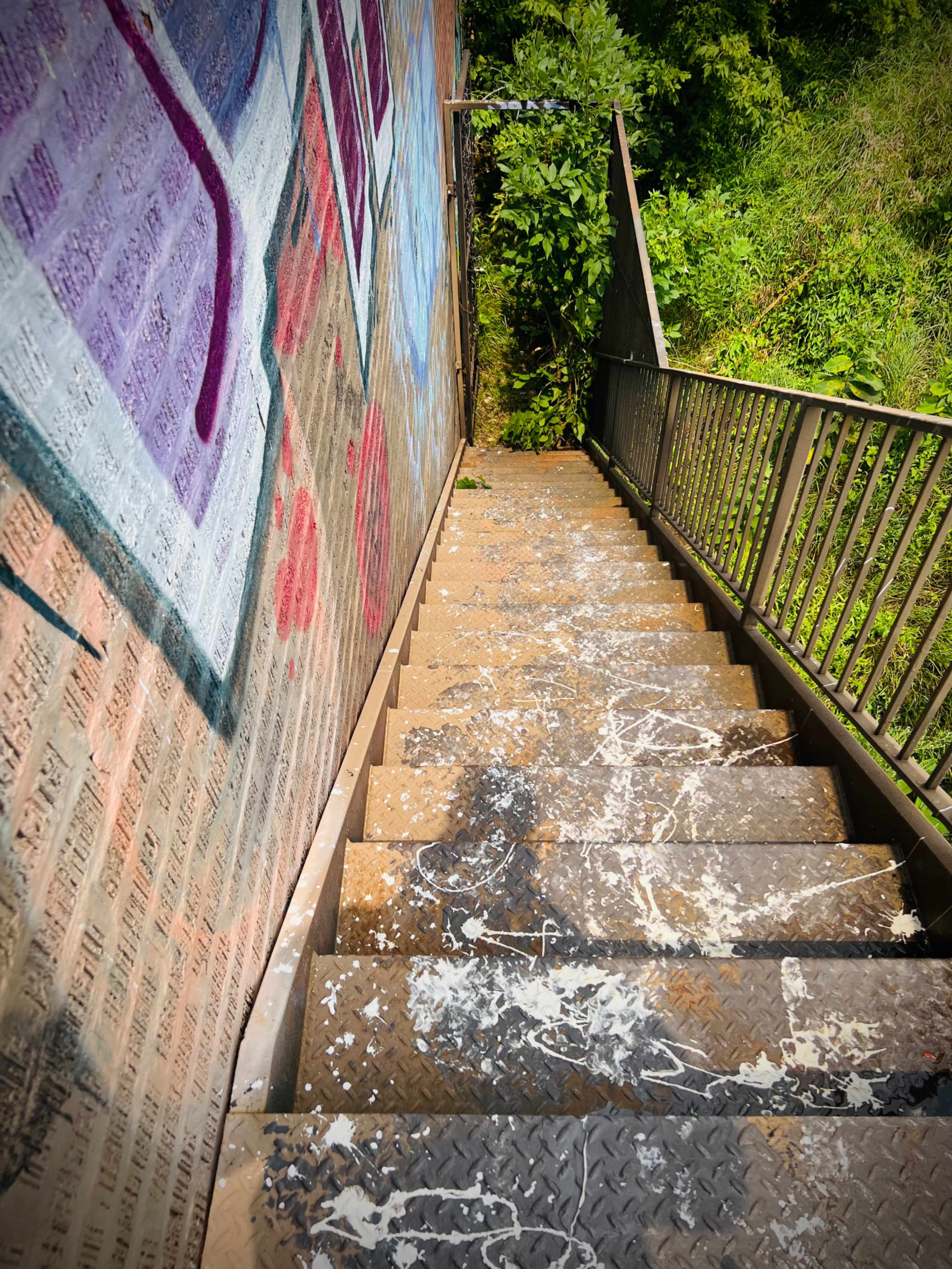 The photo shows a set of metal stairs leading downwards alongside a graffiti-covered wall, with white splatters on the steps and greenery visible at the bottom.