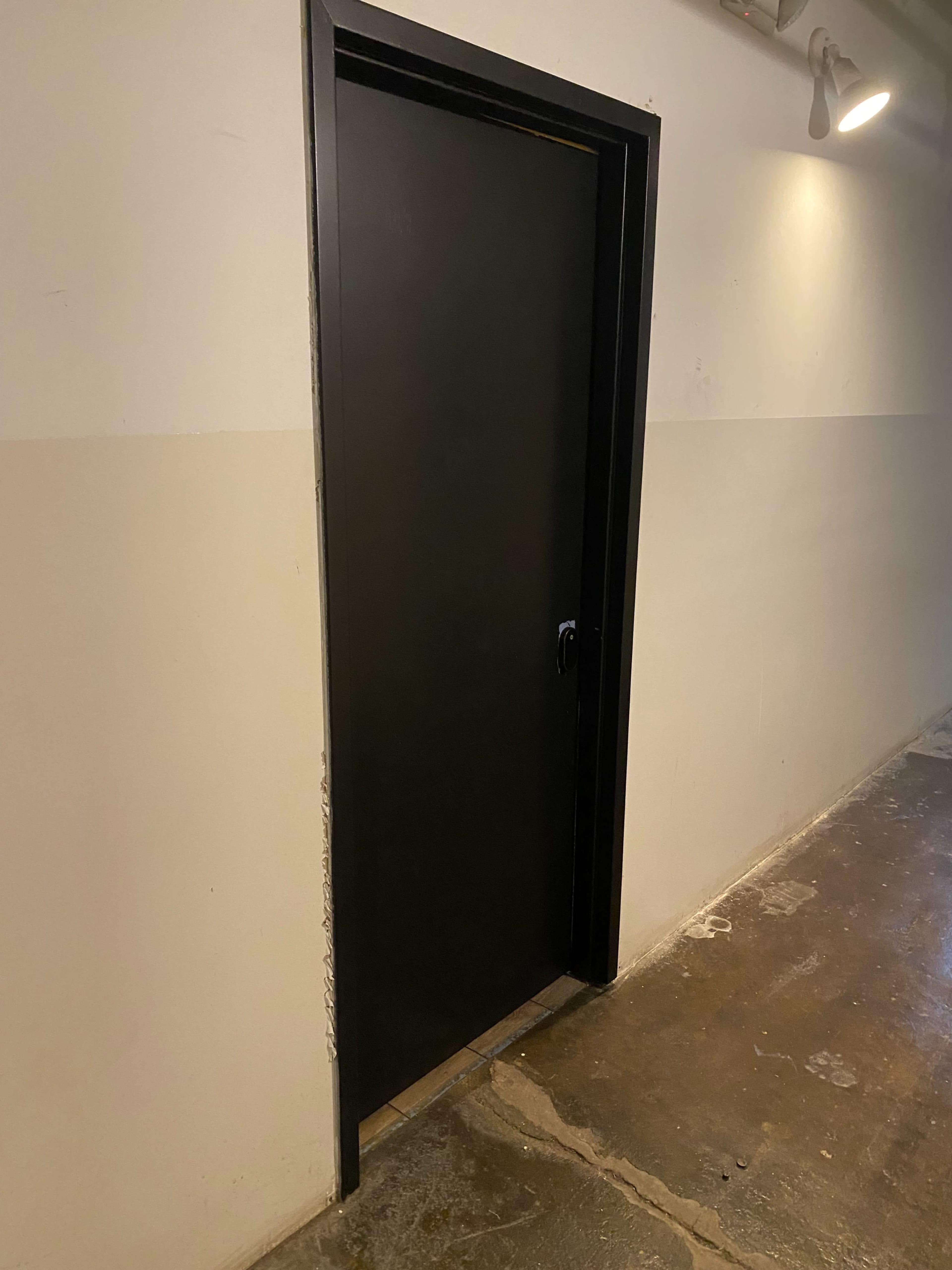 A black door stands in a dimly lit hallway with a concrete floor.