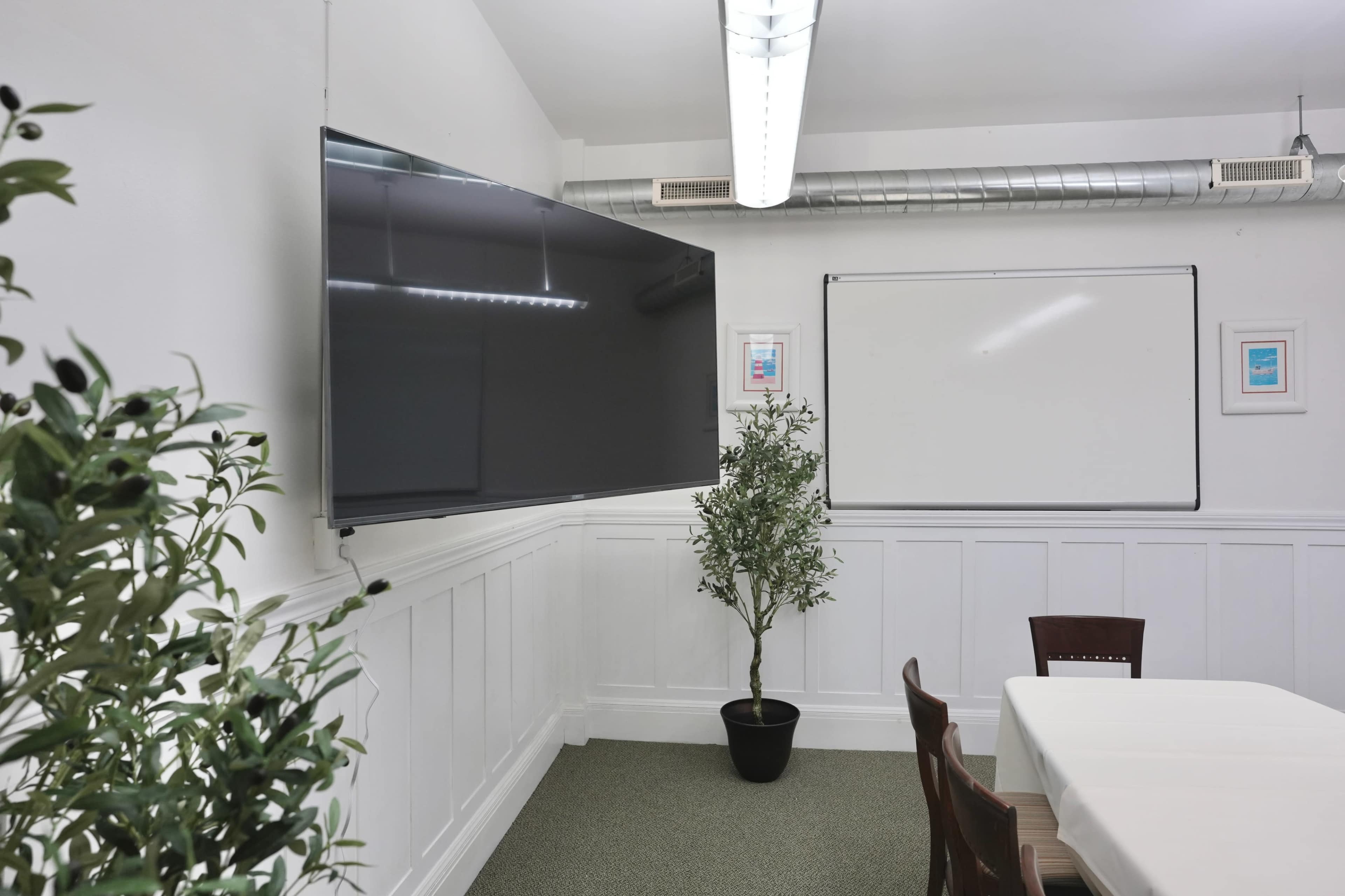 A conference room features a large flat-screen TV mounted on the wall, a whiteboard, a small indoor plant, and a table with chairs.