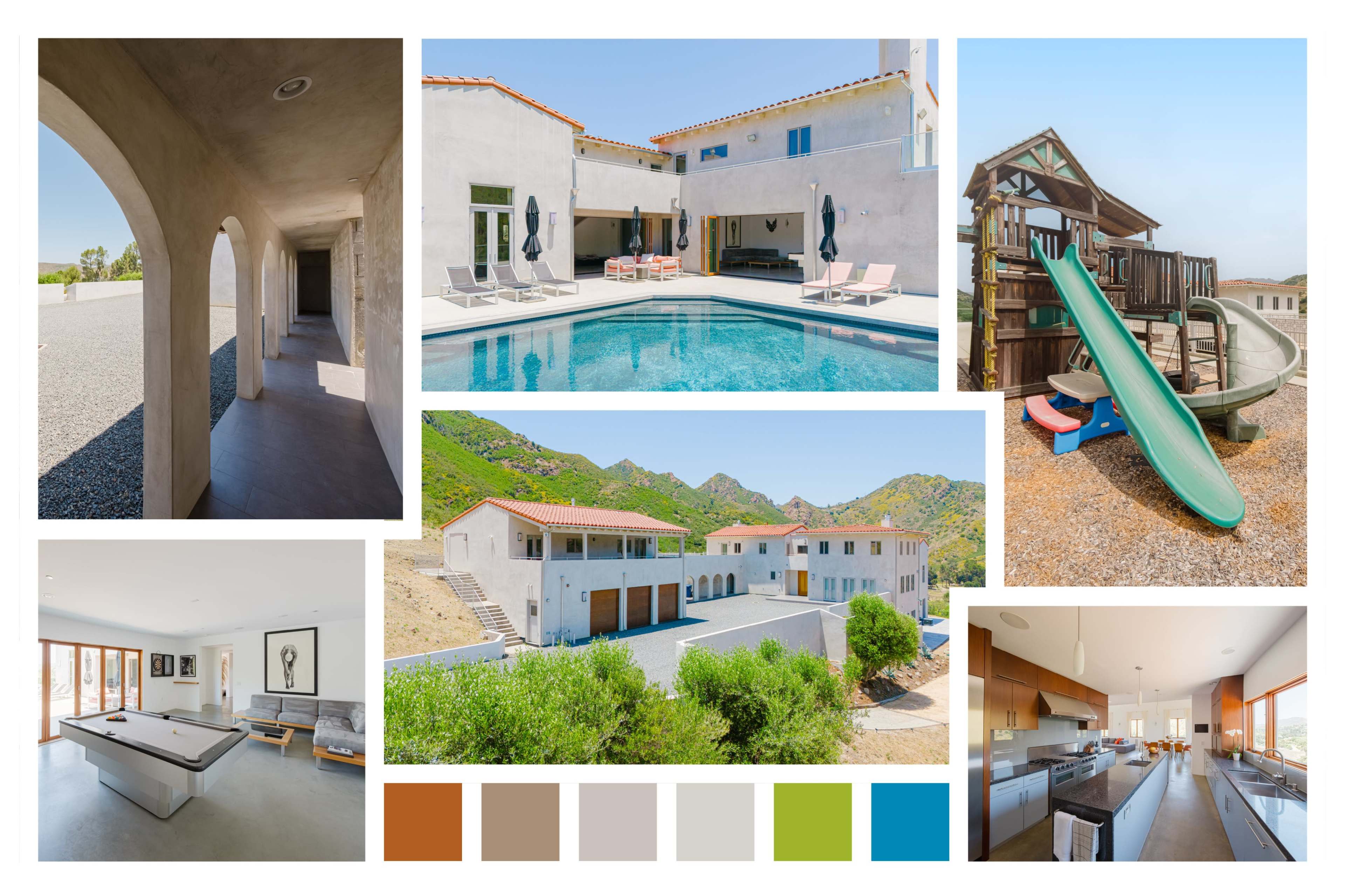 The image features a collage of various scenes from a modern residence, including an outdoor pool area, a play structure, and indoor spaces with furniture and decor.