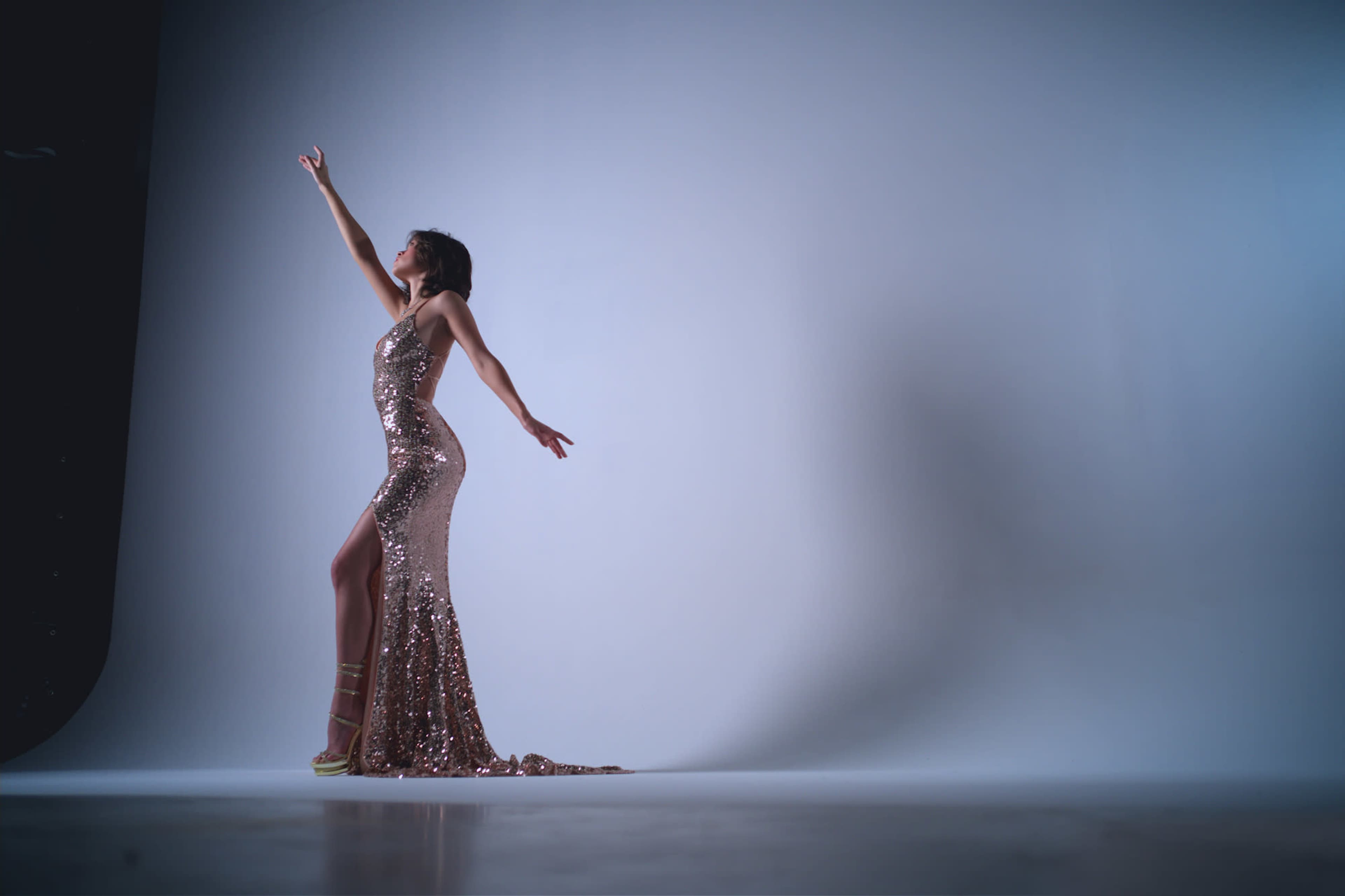 A woman poses in a glittering sequined gown against a soft, neutral backdrop.