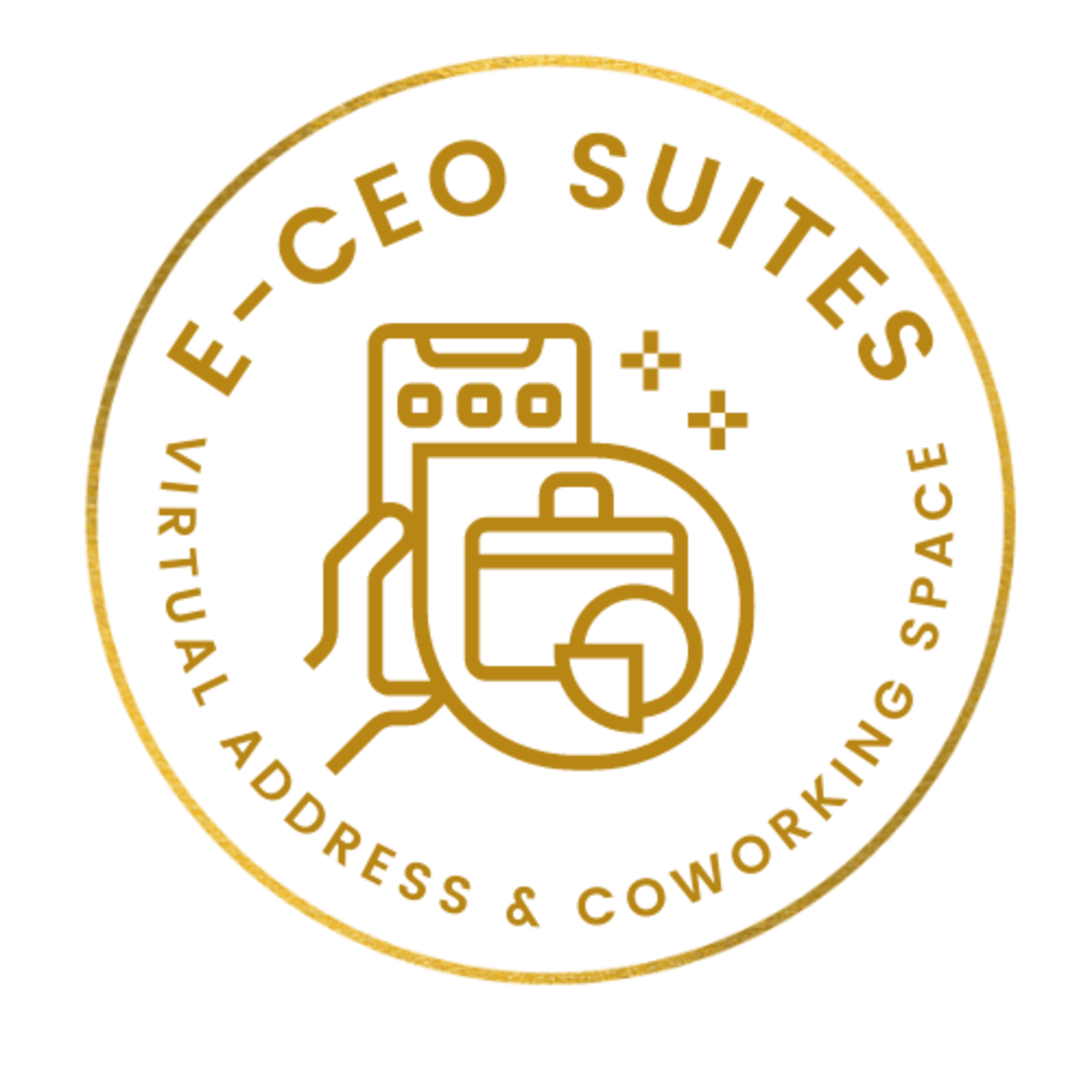A circular logo for "E-CEO Suites," depicting a hand holding a mobile device alongside a briefcase, with the text indicating services for virtual addresses and coworking space.