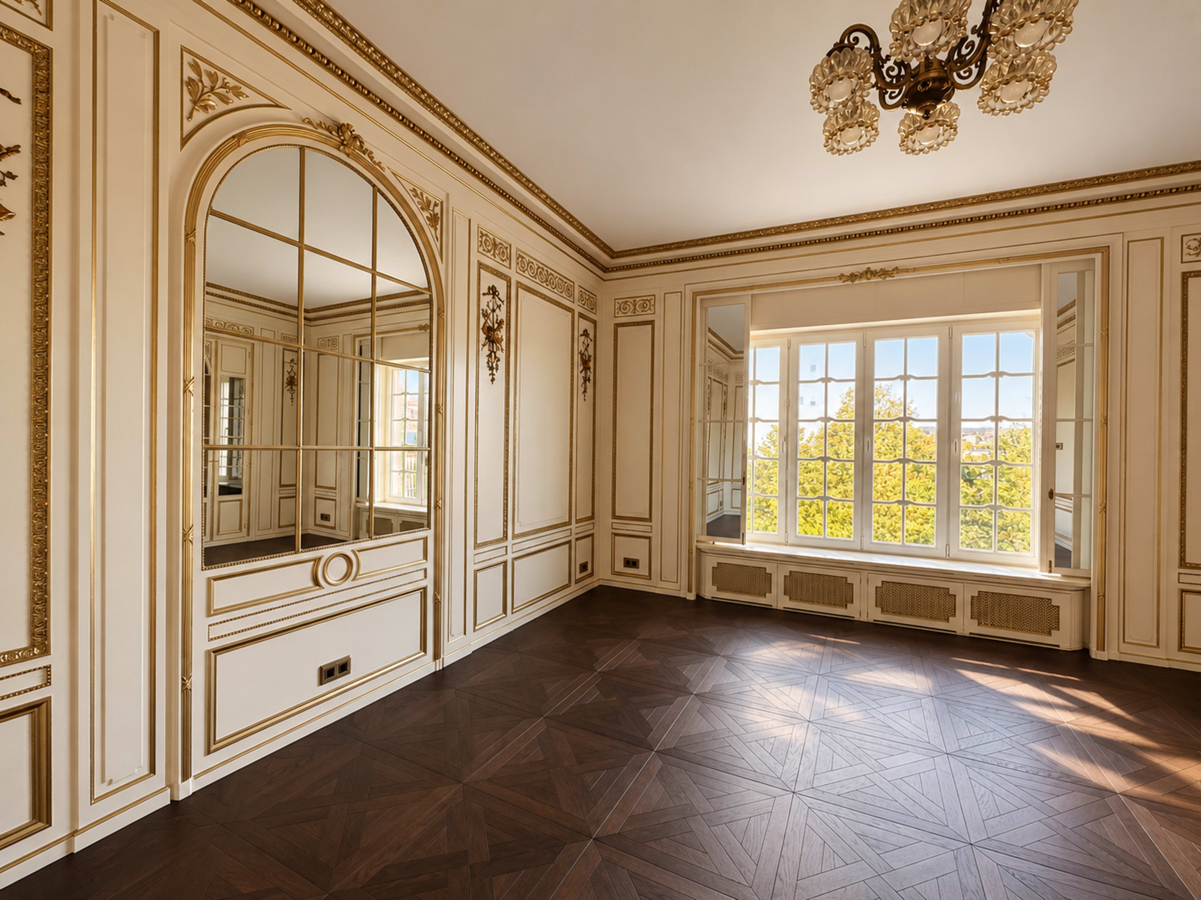 The room features intricate gold-trimmed molding, large mirrors, and a sunlit window showcasing a view of greenery outside.