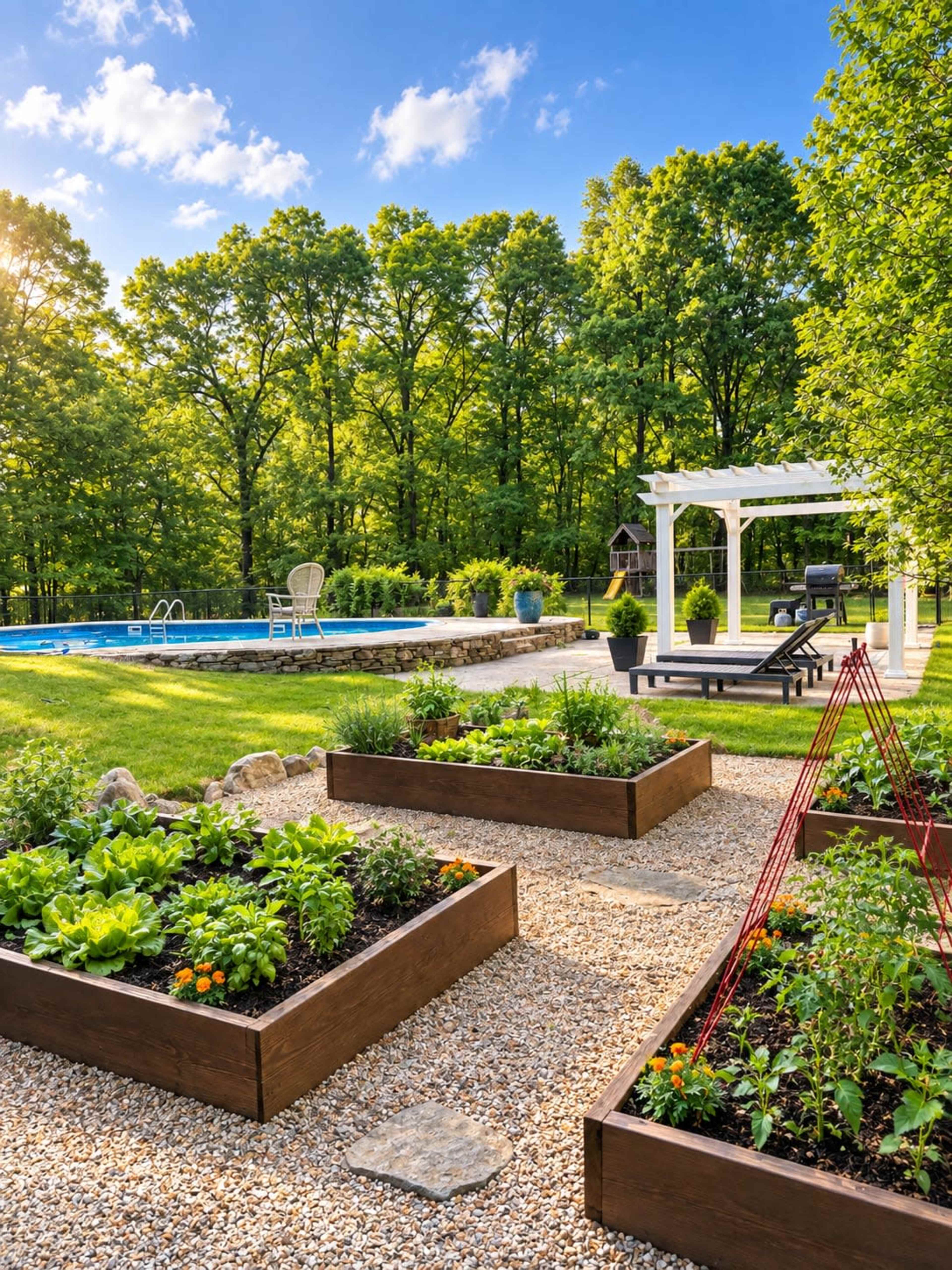 The image shows a landscaped backyard featuring raised garden beds filled with plants, a swimming pool, and a shaded lounge area under a pergola surrounded by trees.