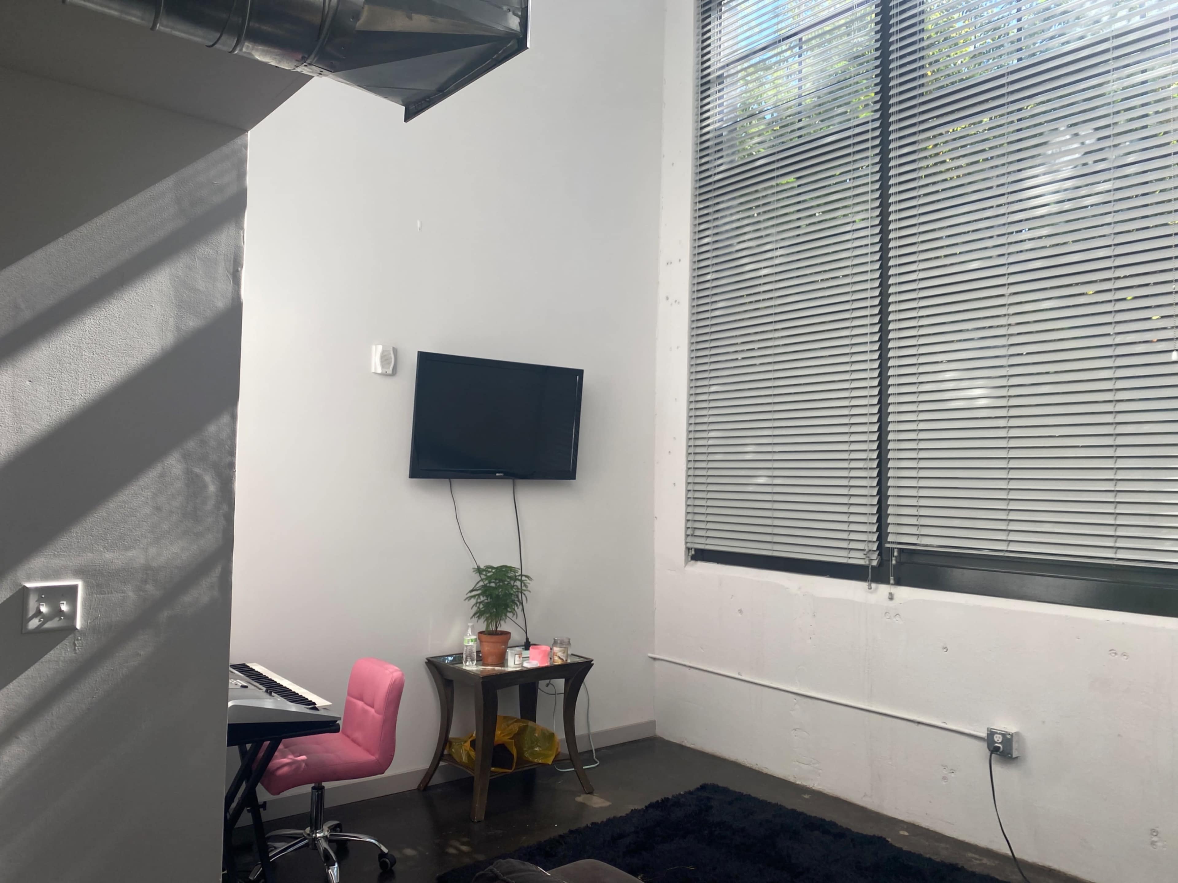 A small room with a keyboard near a pink chair, a plant on a table, and a wall-mounted television beneath large windows with blinds.