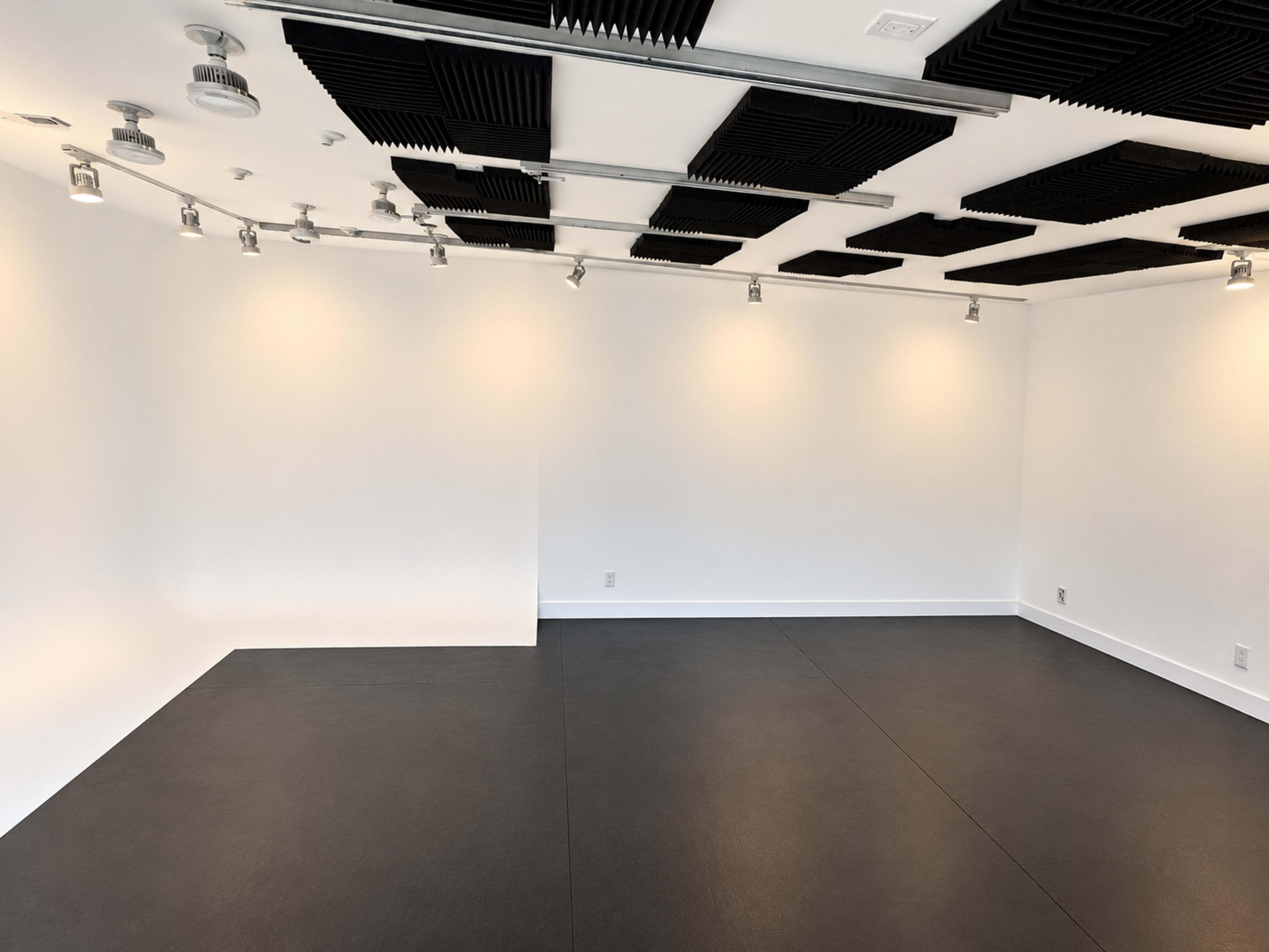 The image shows an empty room with a black floor, white walls, and a ceiling featuring sound-absorbing panels.