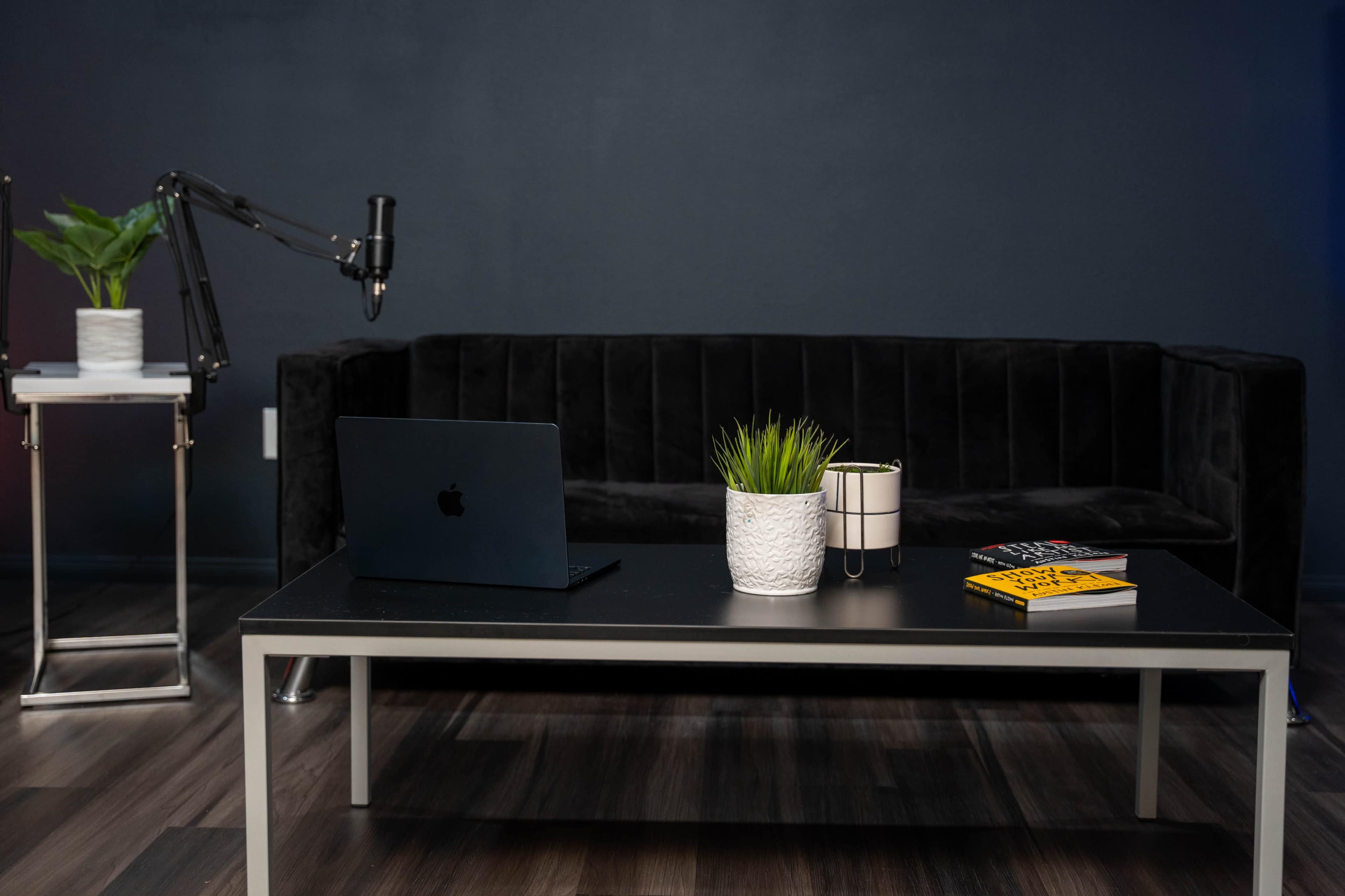 A black couch is positioned against a dark wall, with a coffee table holding a laptop, potted plant, a small lamp, and several books.