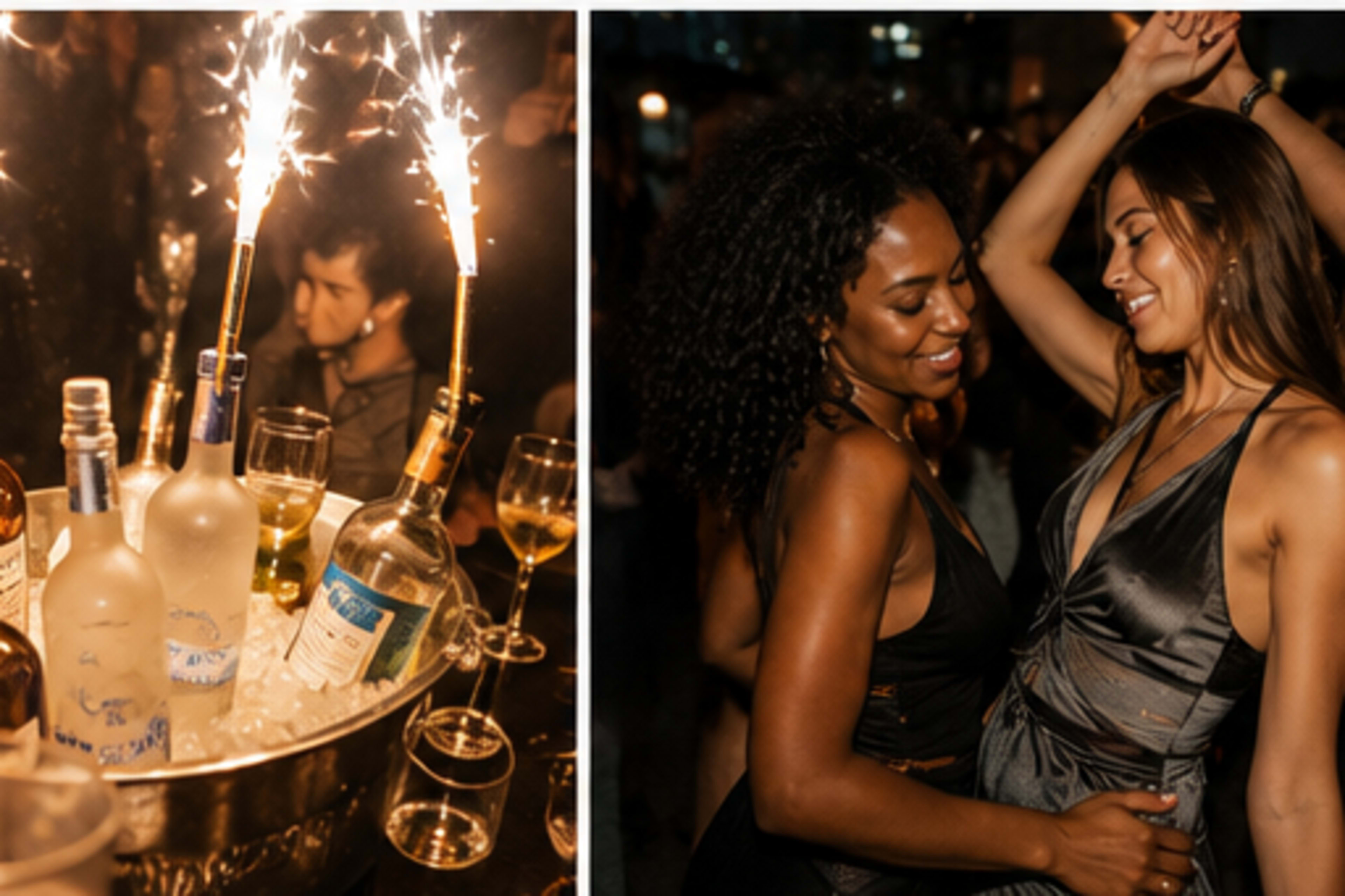 The image features a lively party scene with people dancing and a bucket filled with bottles of various alcoholic beverages.