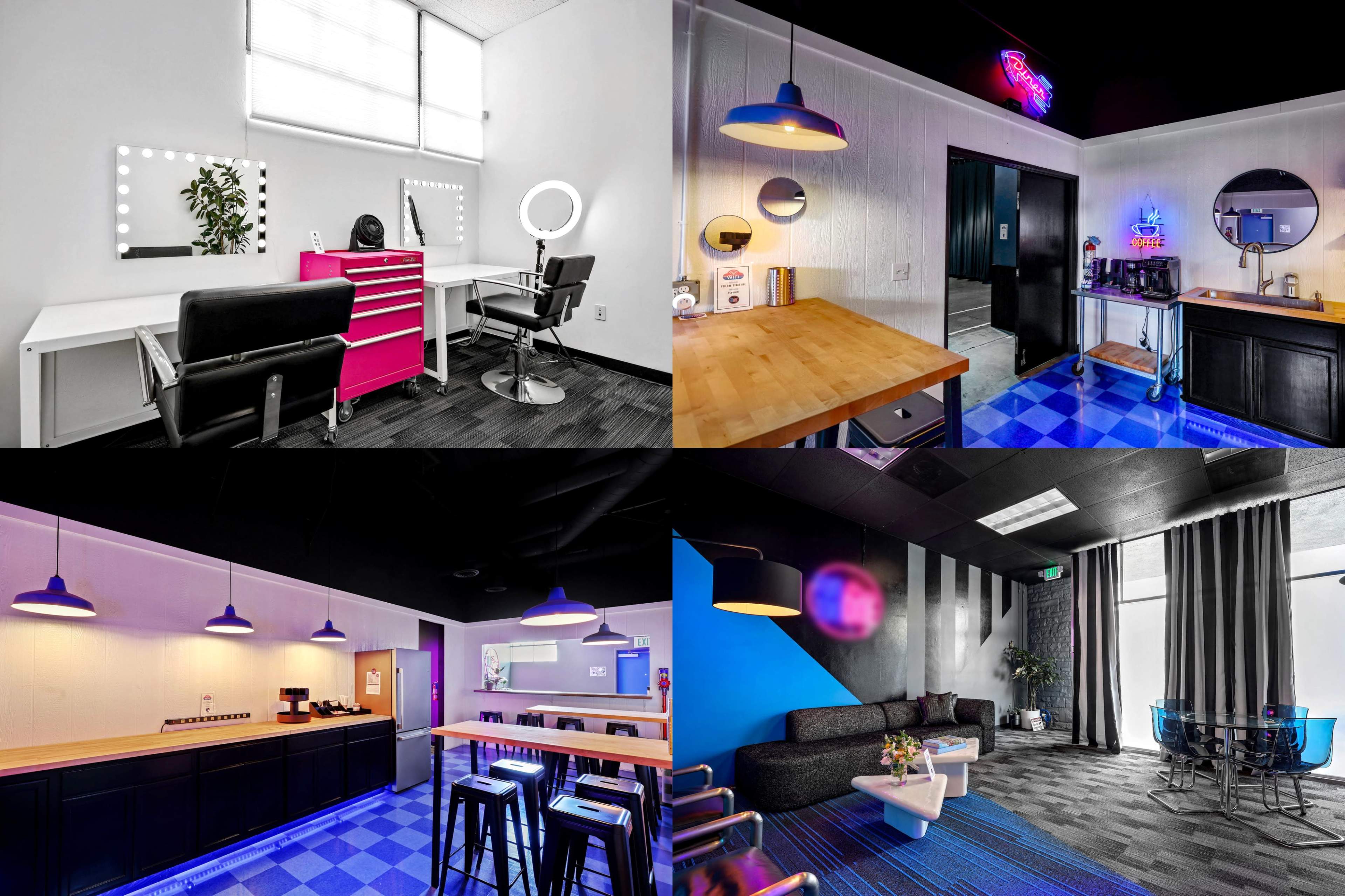 Four distinct areas of a modern studio, featuring a makeup station, a kitchen area, a break room, and a lounge, with a blend of bright colors and contemporary furniture.