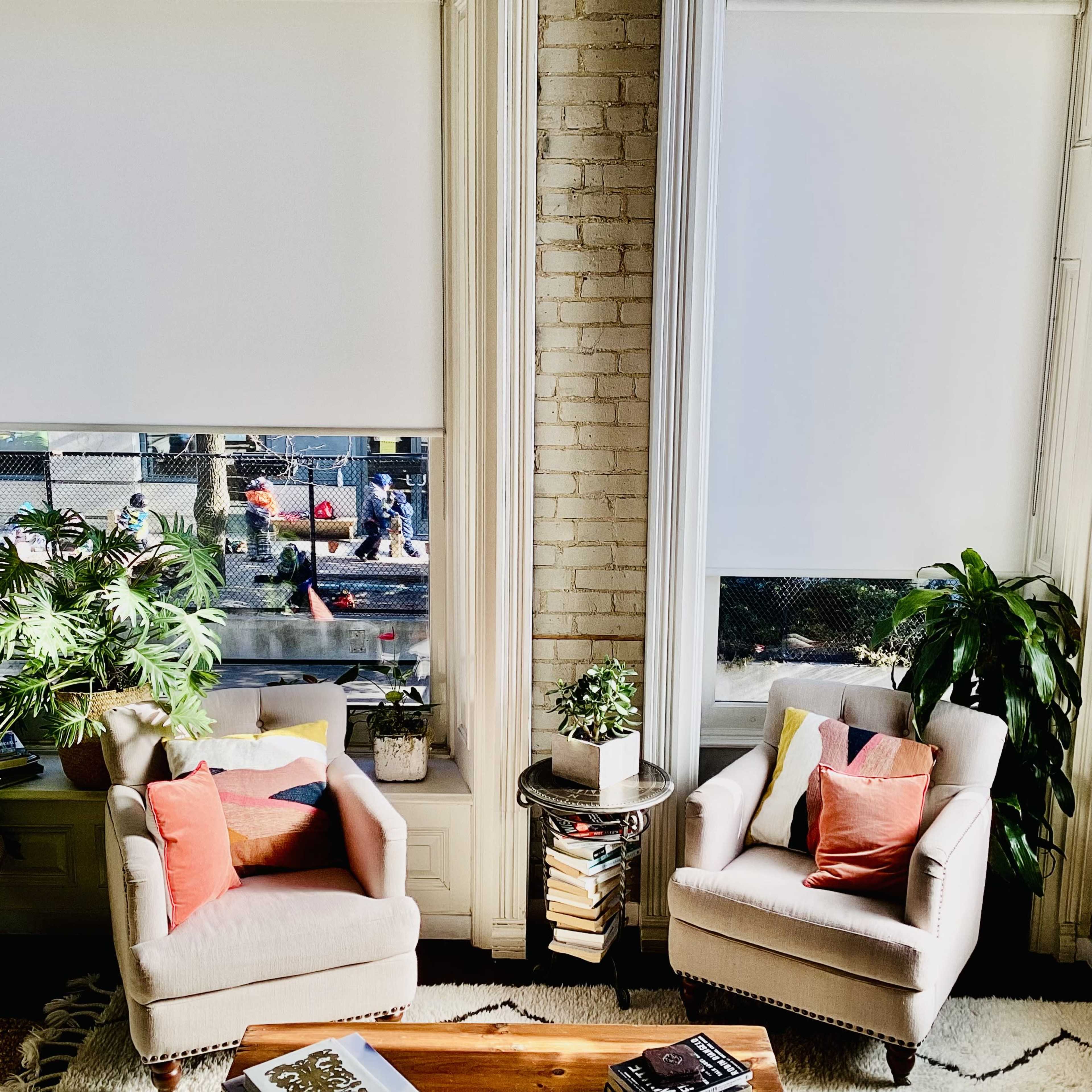 A cozy sitting area with two armchairs adorned with colorful pillows, surrounded by plants and a small table beside a window with blinds.