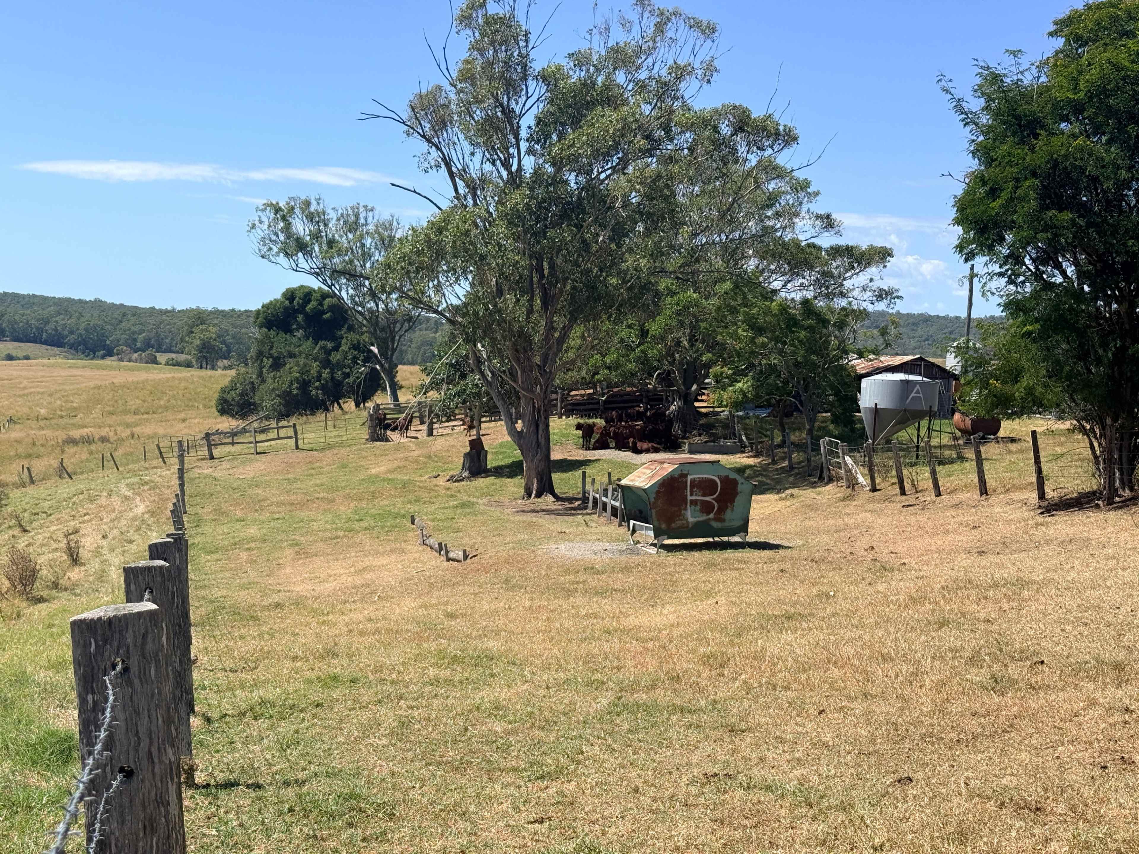 The scene shows a rural landscape with a grassy field, a wooden fence, several trees, and a weathered structure with the letter "B" painted on it.