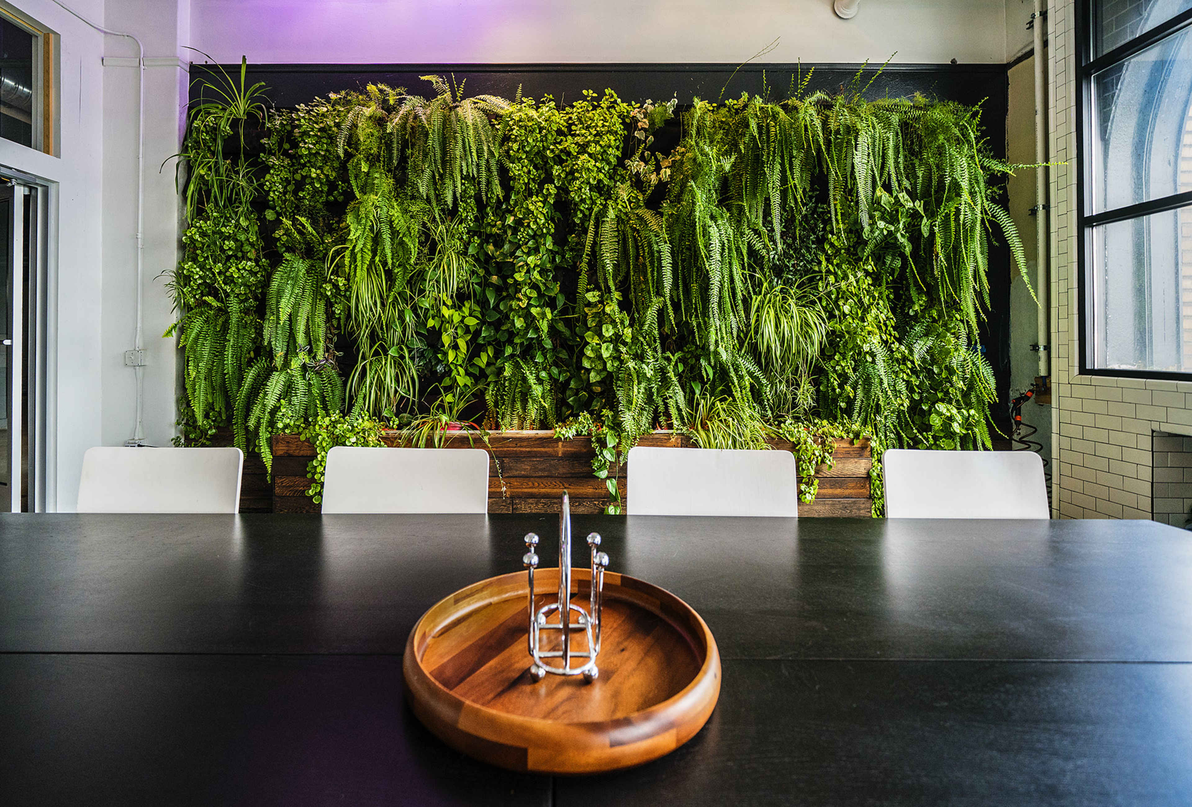 A wooden table with a circular tray is placed in front of a vertical garden filled with various lush green plants.