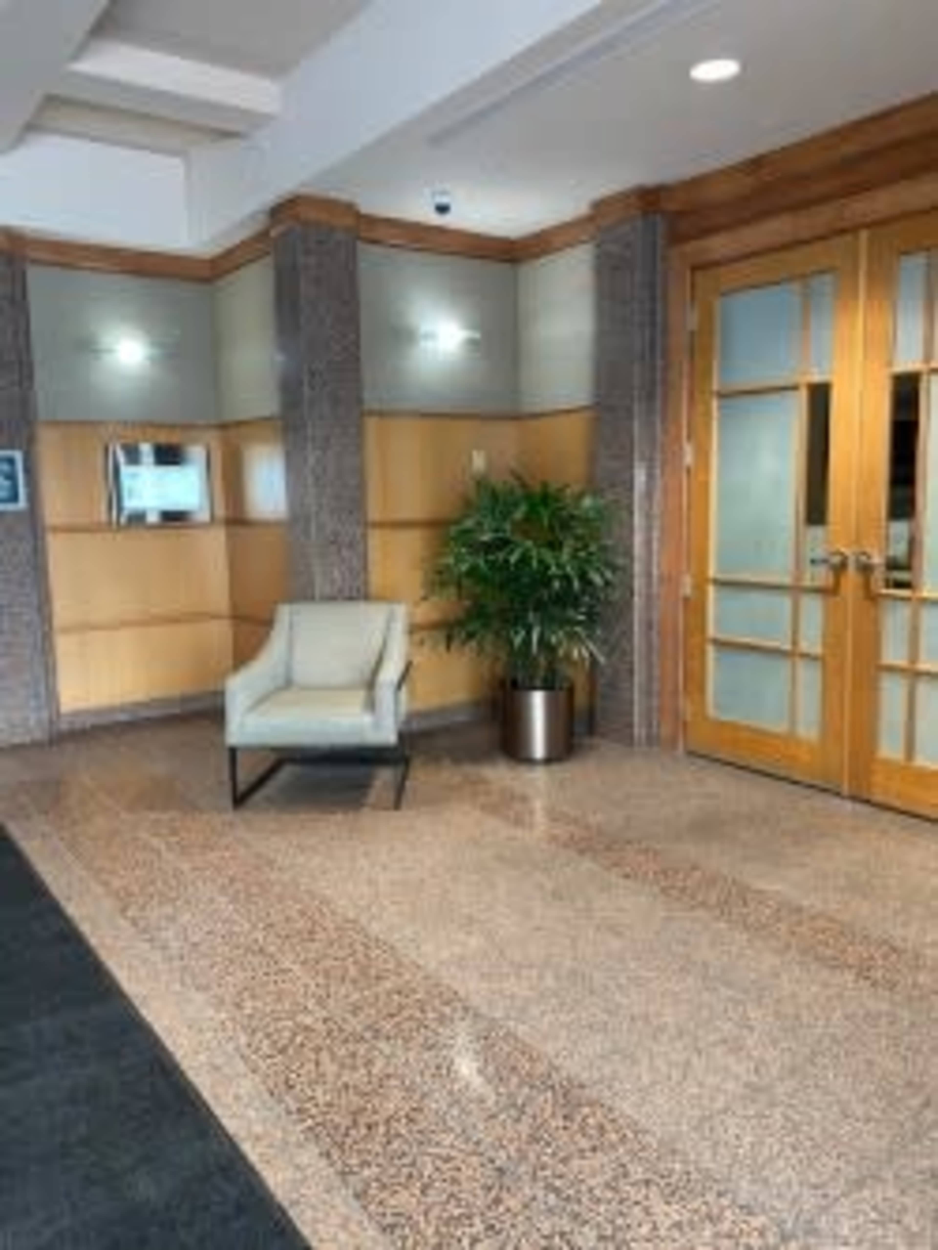A modern lobby area with a chair, a potted plant, and wooden double doors.