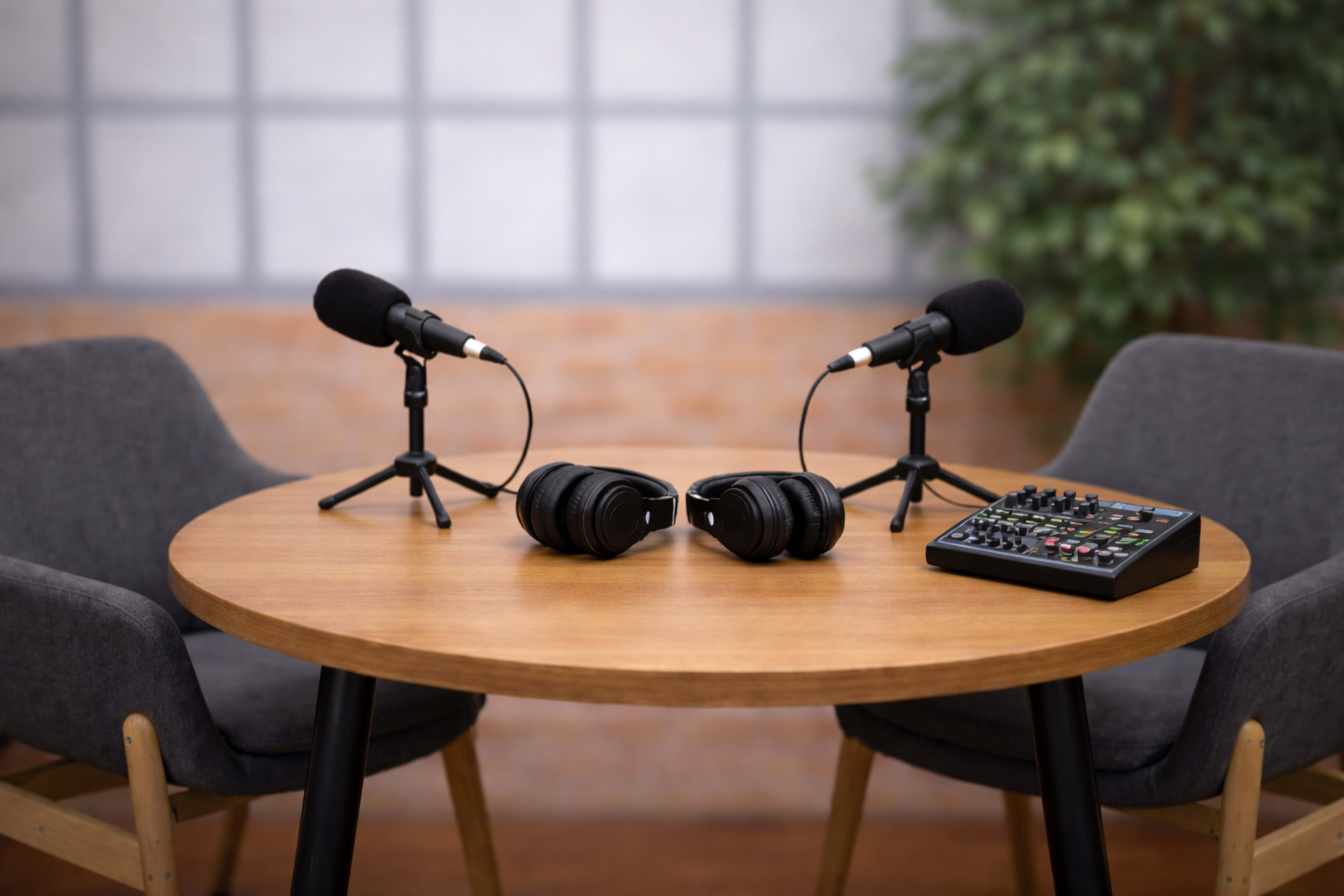A wooden table holds two microphones, a mixing console, and a pair of headphones, set against a backdrop of a brick wall and greenery.