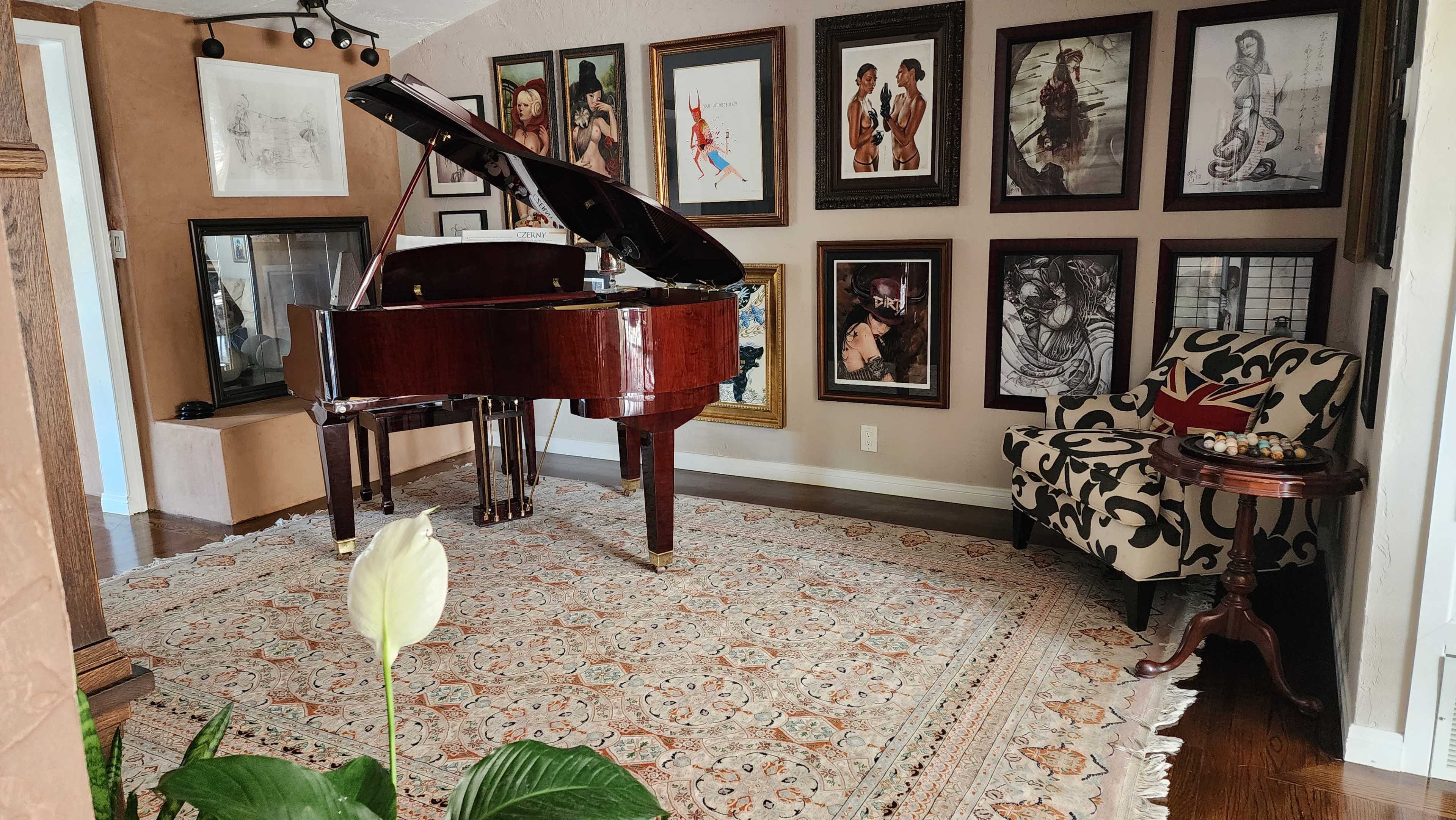 A grand piano is positioned in a room adorned with a variety of framed artworks on the walls, with a patterned chair and decorative plant in the foreground.
