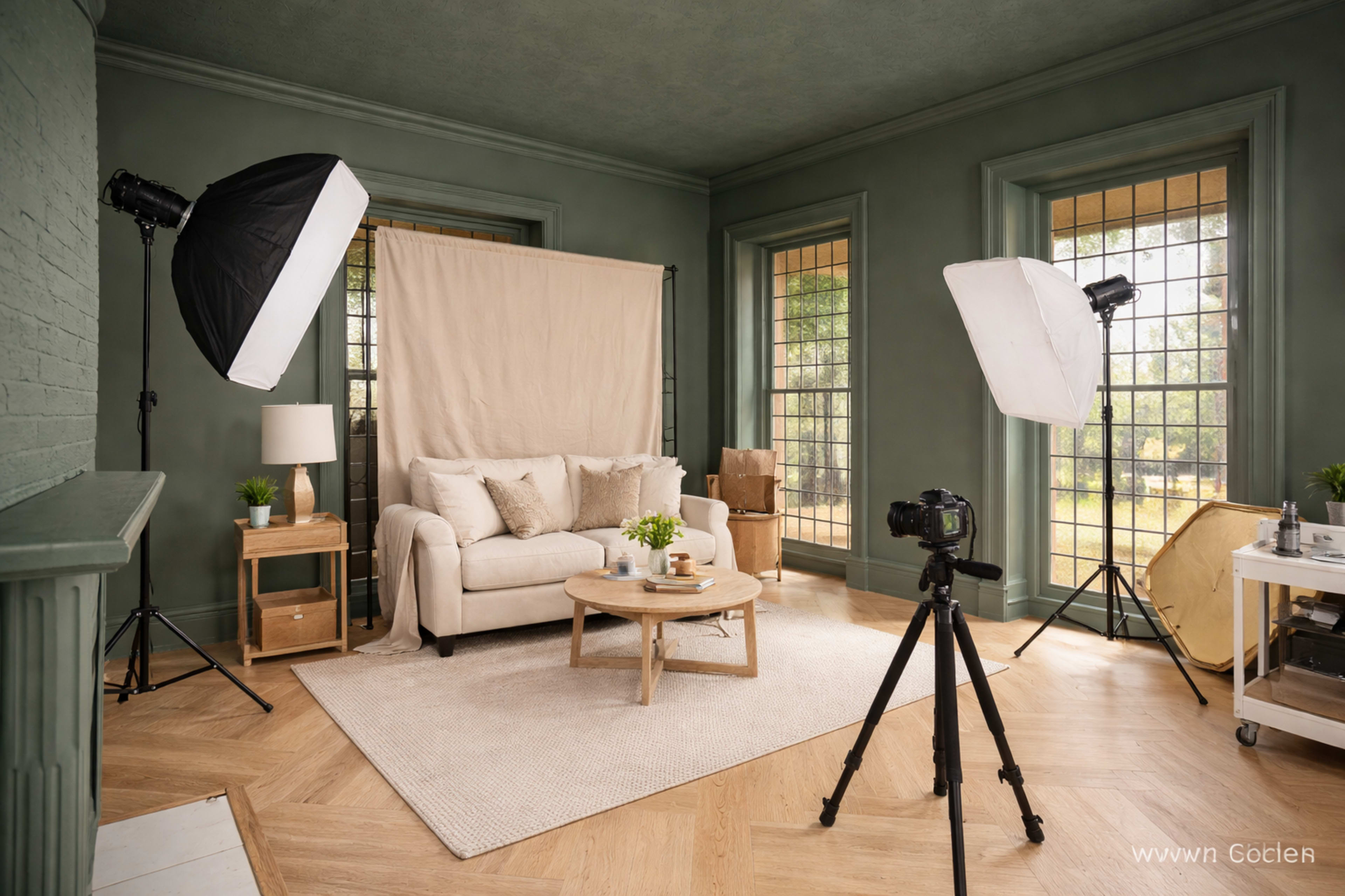 The image shows a well-lit living room setup featuring a beige sofa, a round coffee table, and photography equipment, including softboxes and a camera on a tripod.