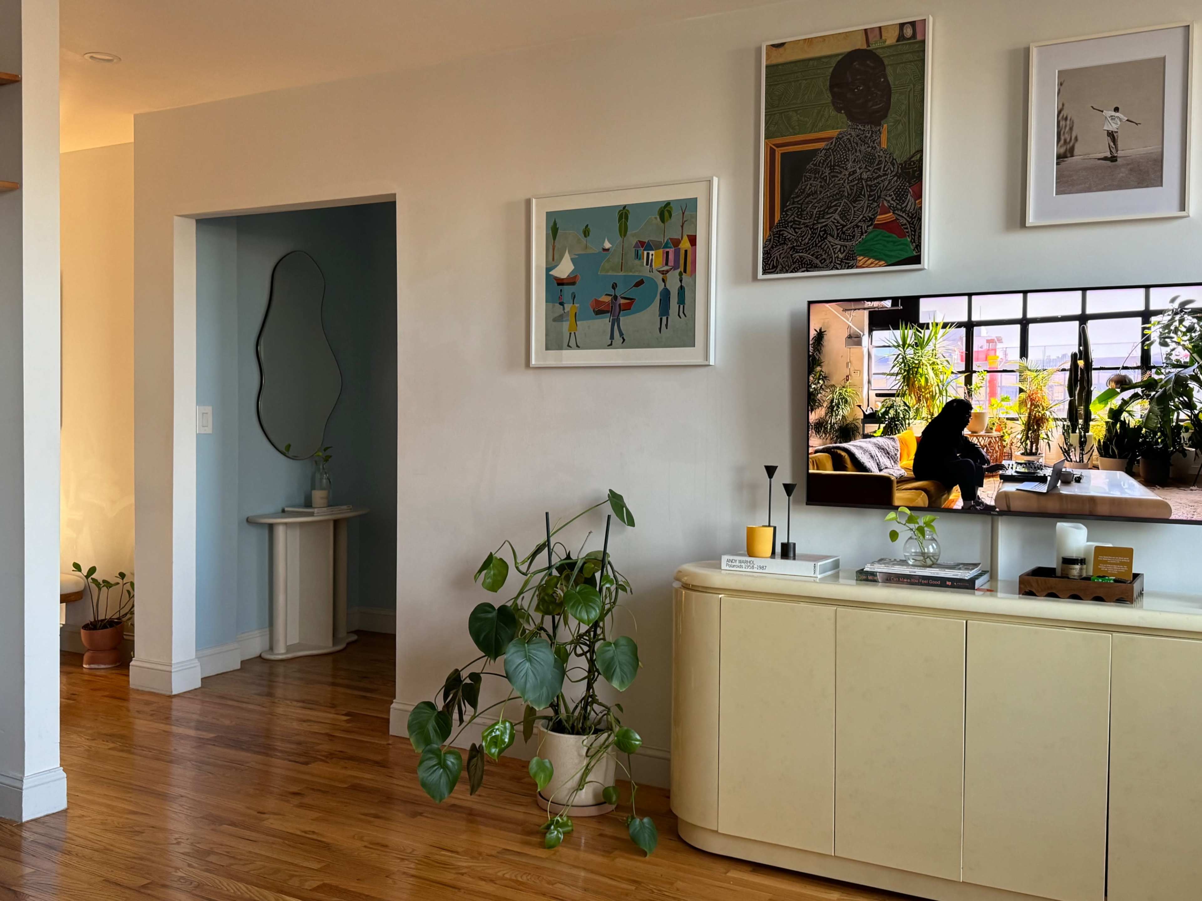 A modern living room features a large television displaying a seated figure amidst indoor plants, with artwork on the walls and light streaming through a window.