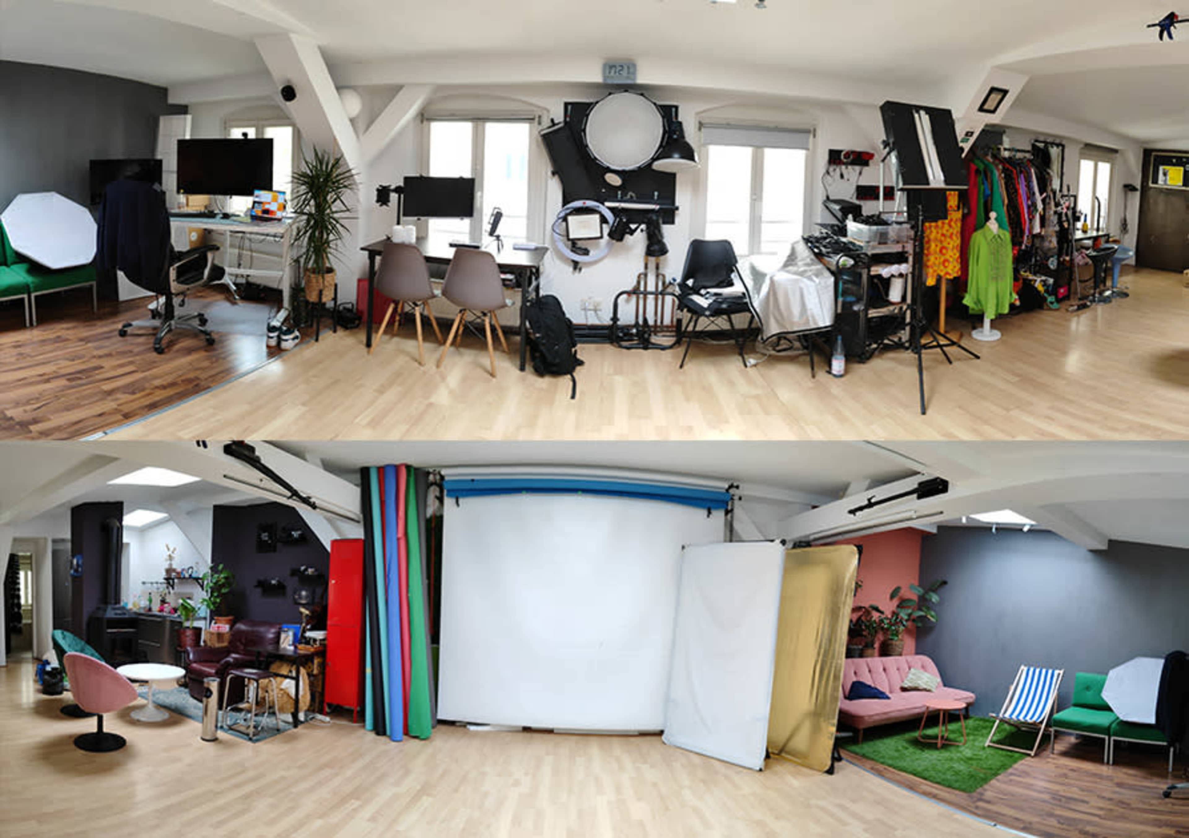 A split view of a creative studio space featuring a variety of photography equipment, backdrops, and furniture in a bright, open layout.