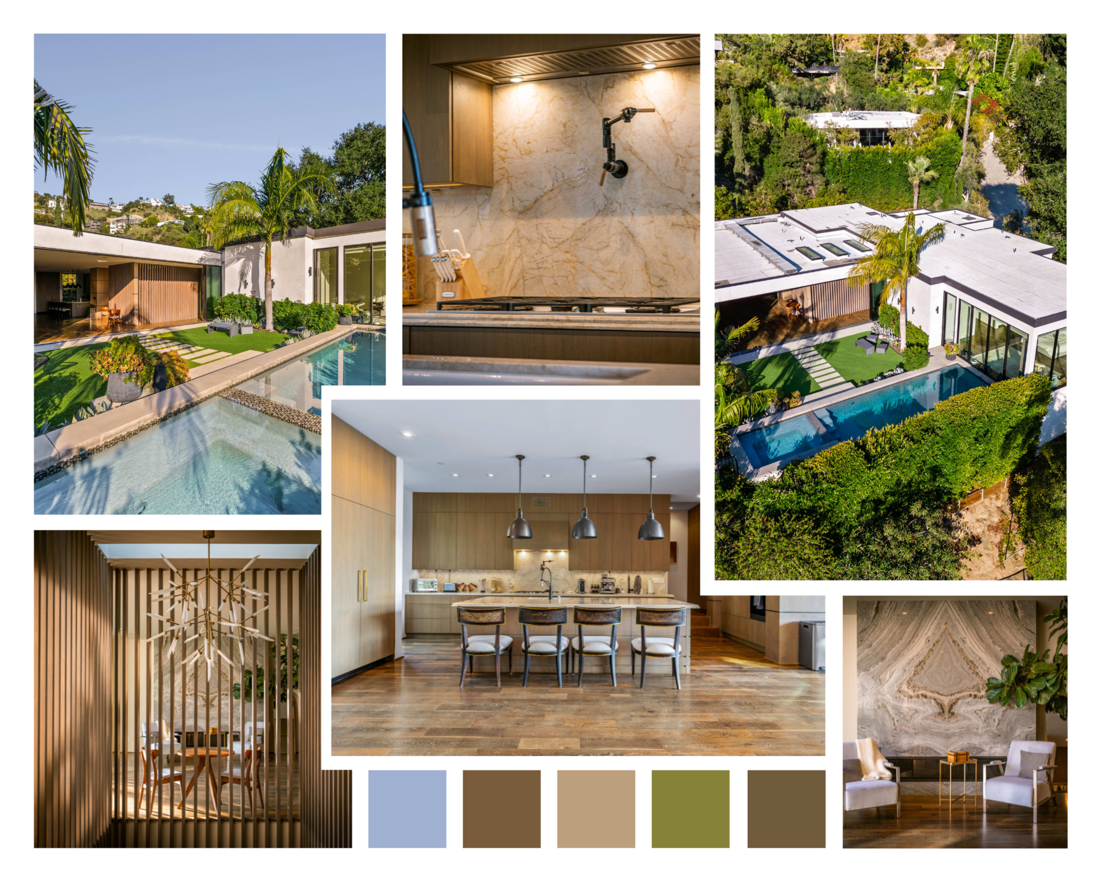 A modern home featuring a swimming pool, a sleek kitchen, and a blend of indoor and outdoor spaces surrounded by greenery.