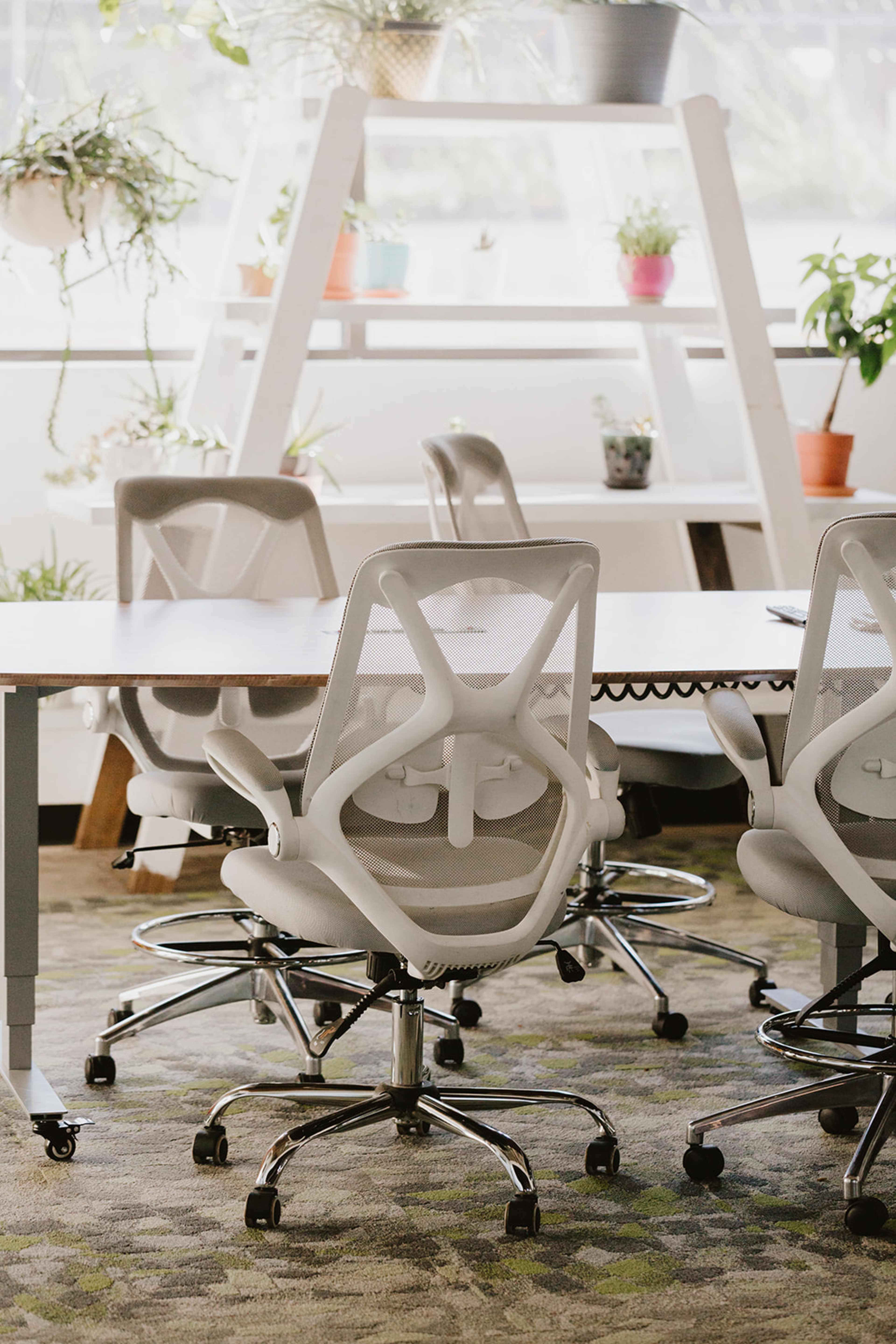 A modern conference room with several ergonomic chairs arranged around a large table, set against a backdrop of potted plants.