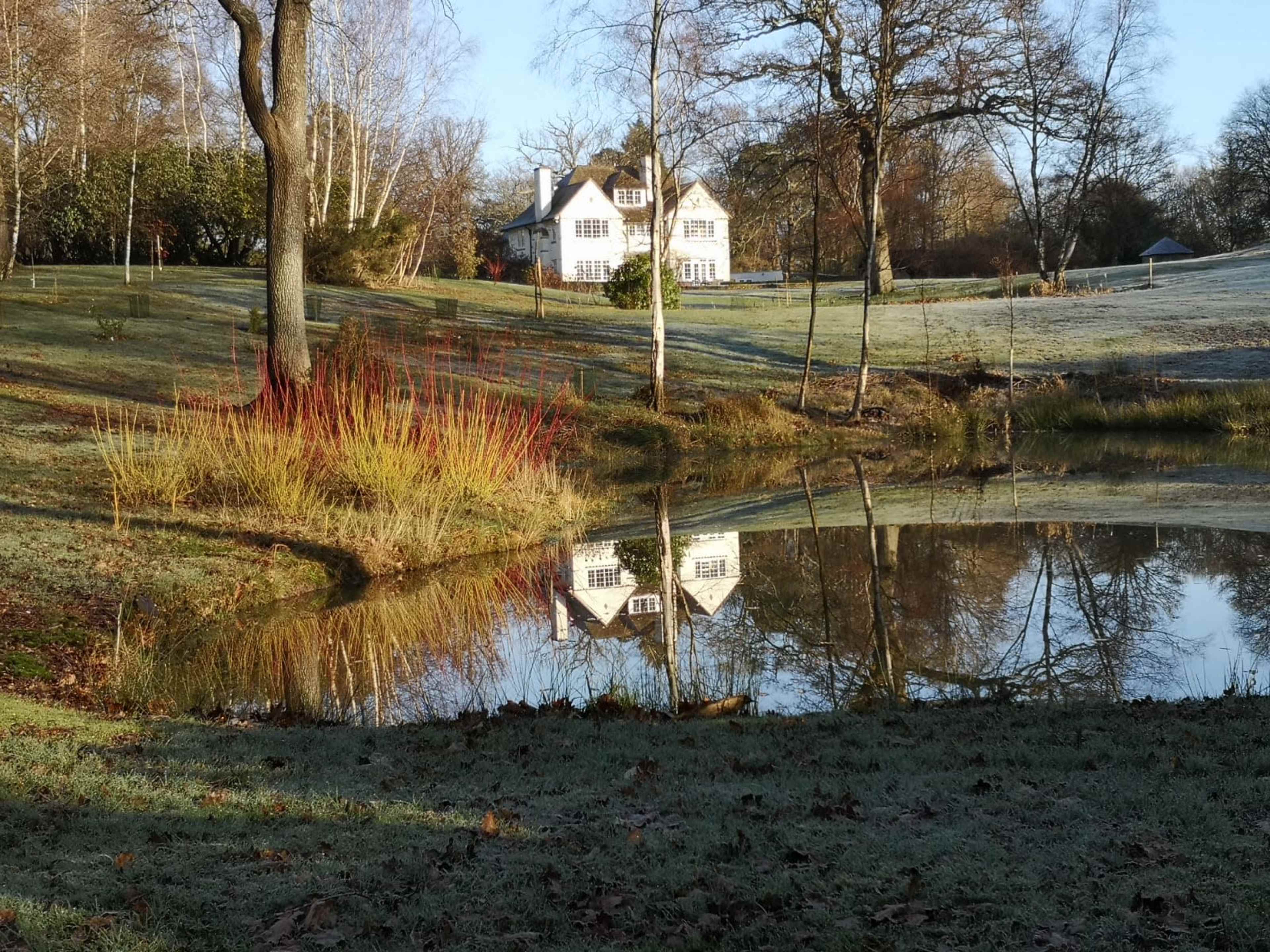 A white house is reflected in a calm pond surrounded by grass and trees in a frosty landscape.