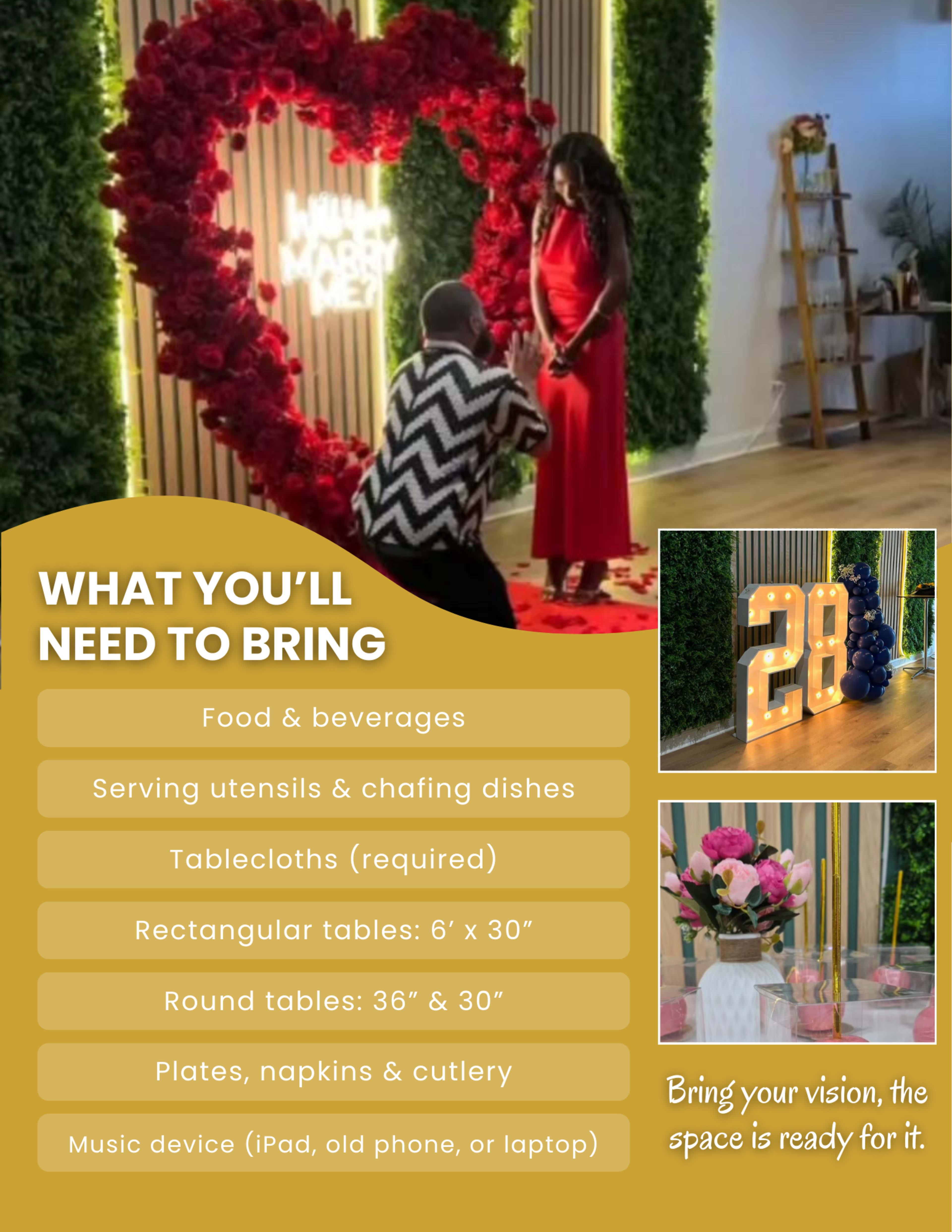The image features a decorated event space with a heart-shaped floral arrangement, a couple engaging in a moment, and a list of items needed for guests to bring.