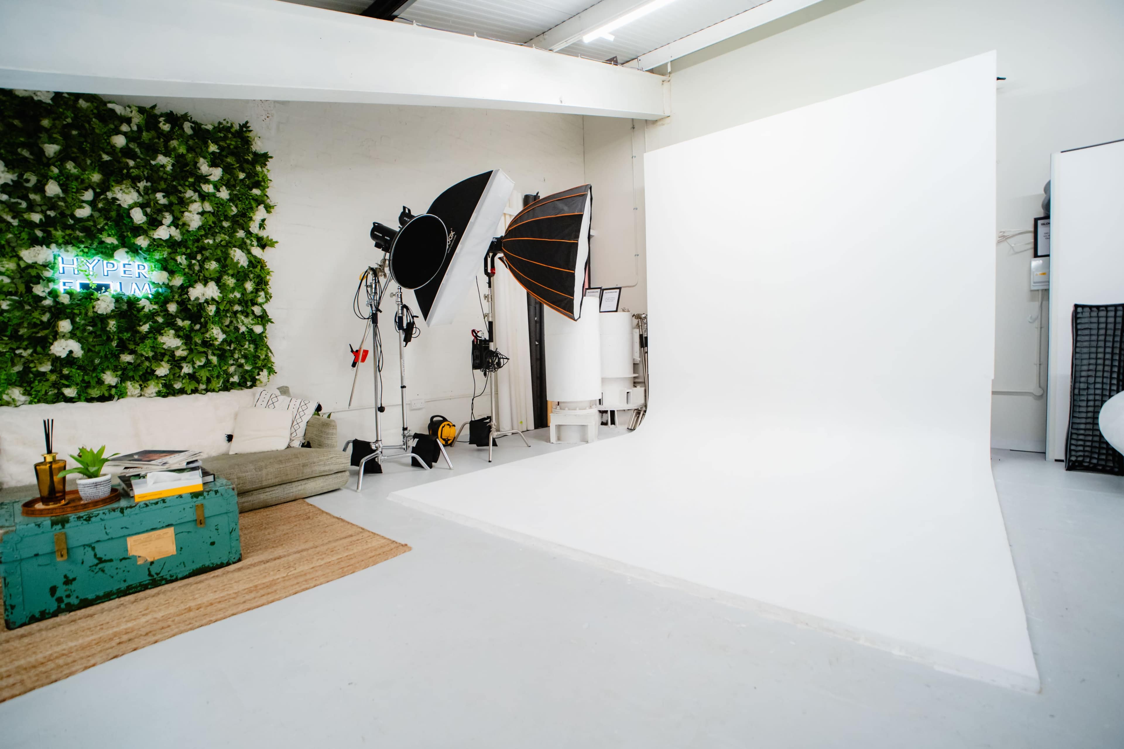 The image shows a well-lit photography studio with a white backdrop, a green accent wall featuring plants, and various lighting equipment set up nearby.