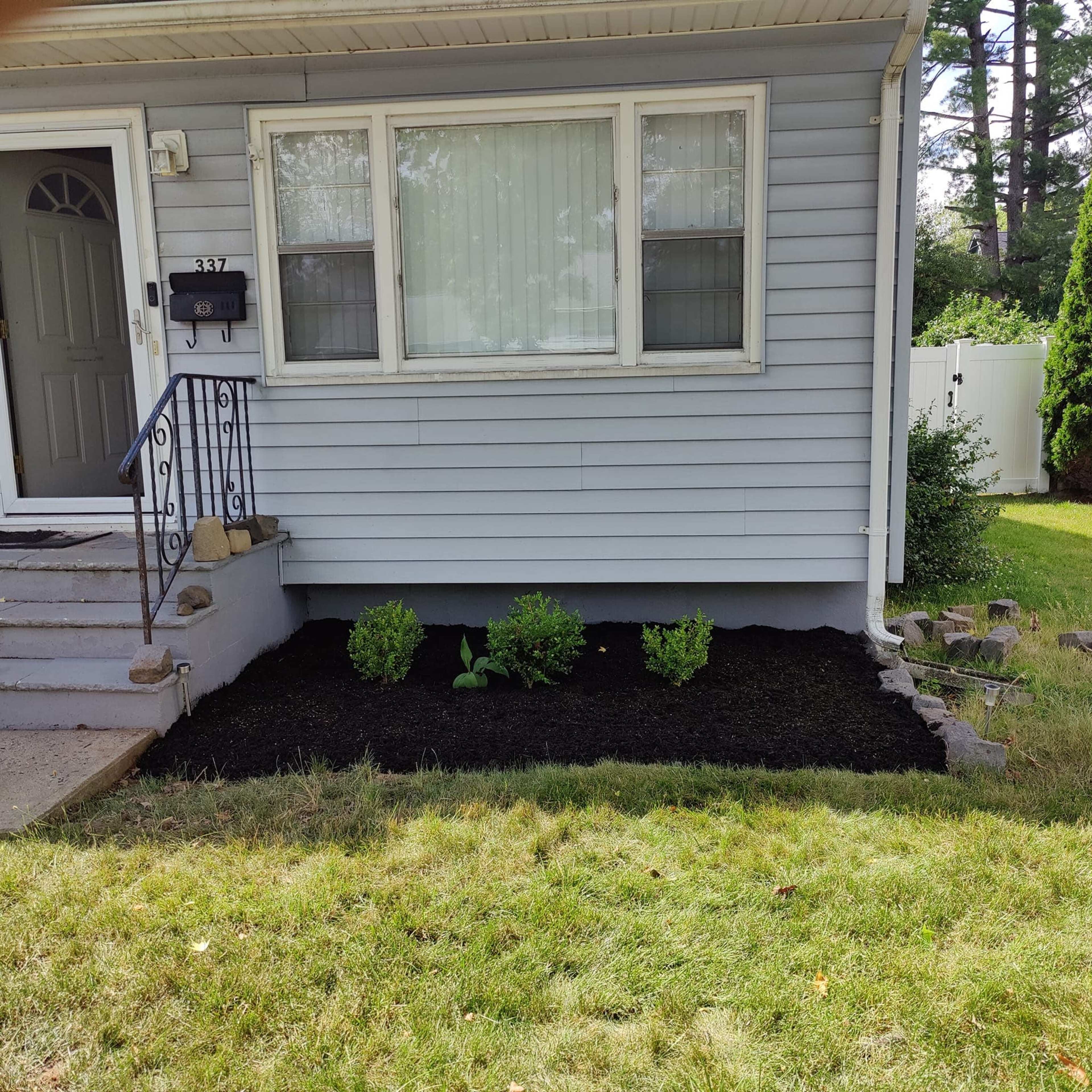 A house with light gray siding features a newly mulched flower bed and three small green shrubs near the front entrance.