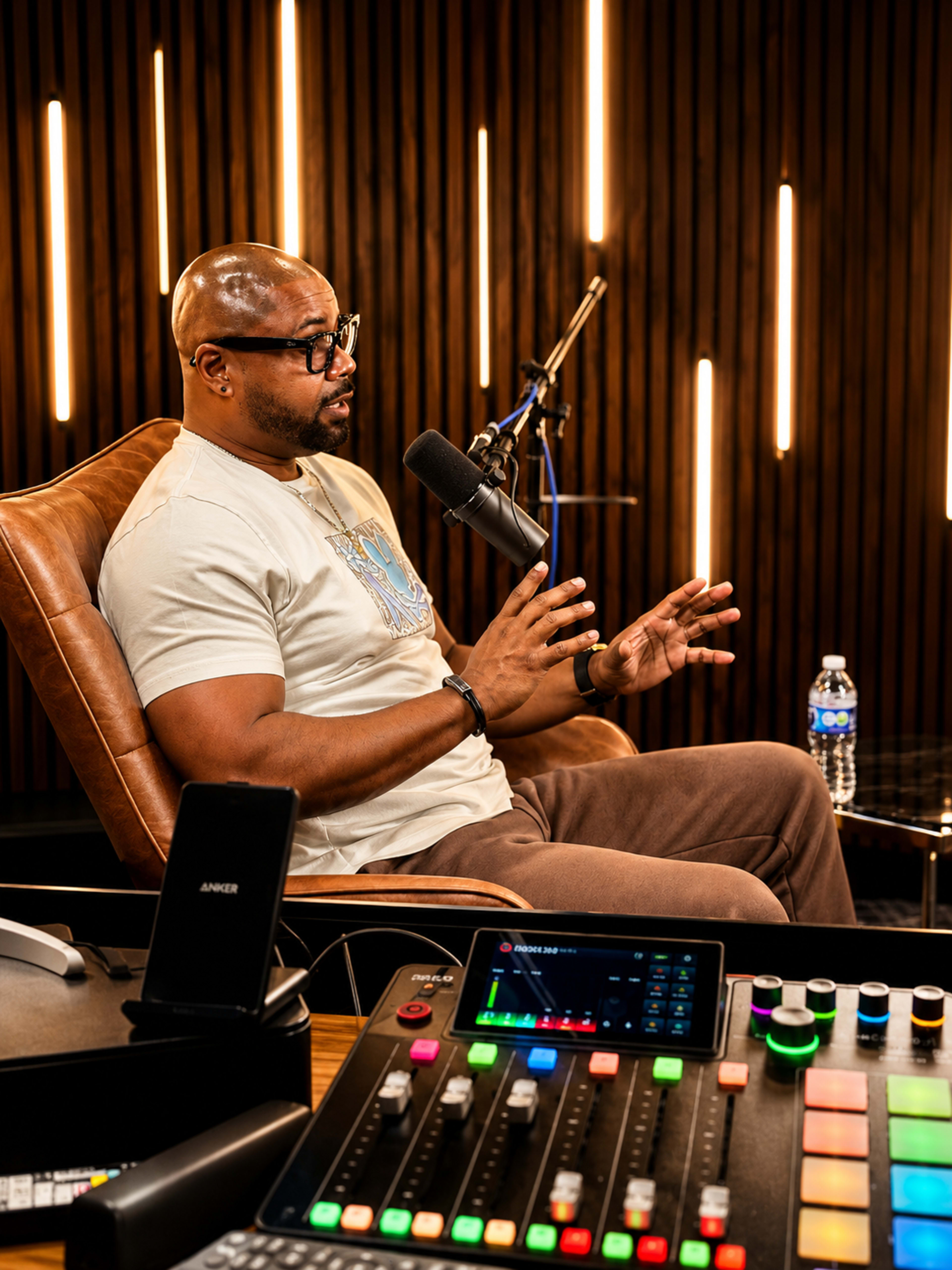 A man in a light-colored t-shirt is seated on a brown leather chair, speaking into a microphone while gesturing with his hands, surrounded by audio equipment and a water bottle.
