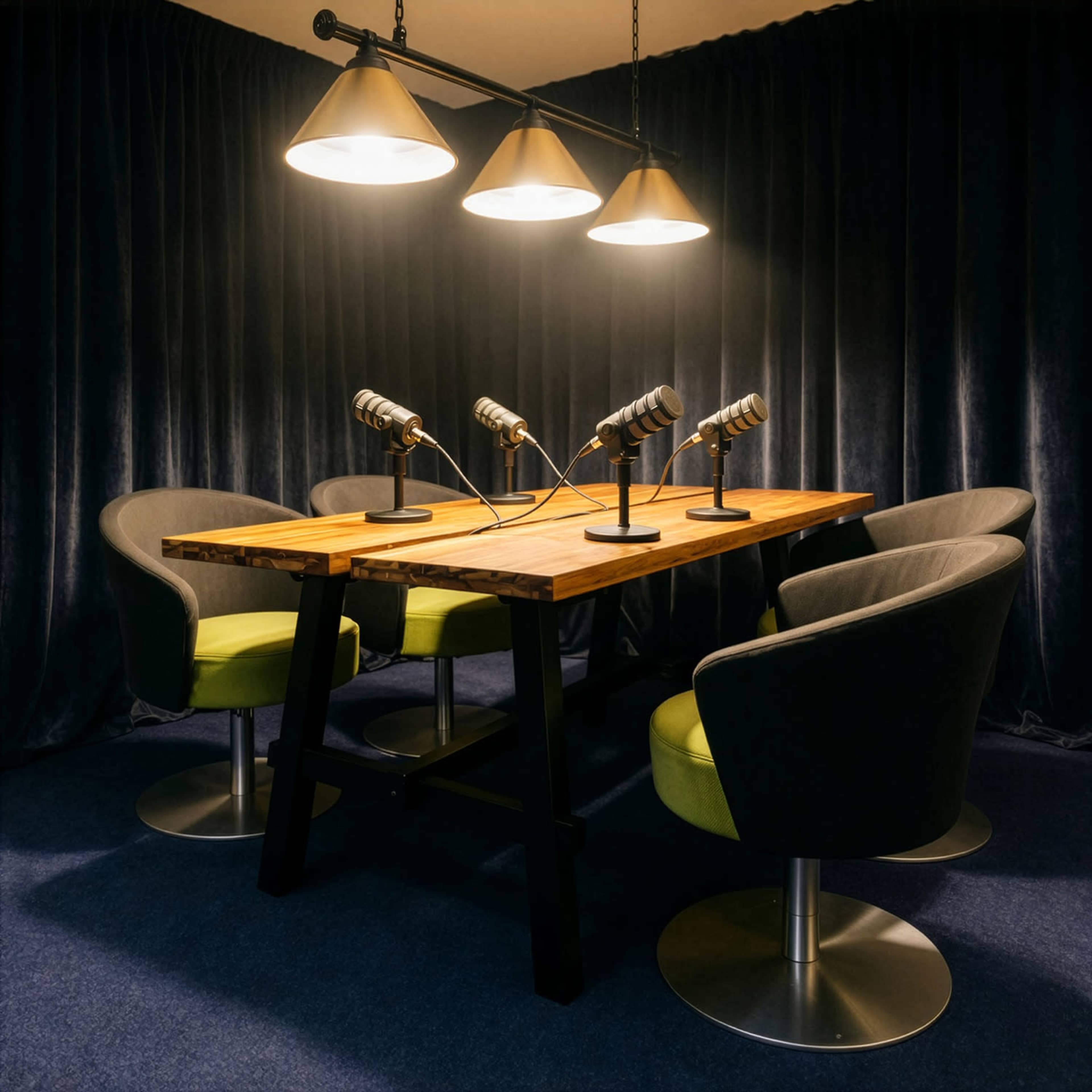 The image depicts a conference room set up with a wooden table and four modern, upholstered chairs, each equipped with a microphone for discussions.