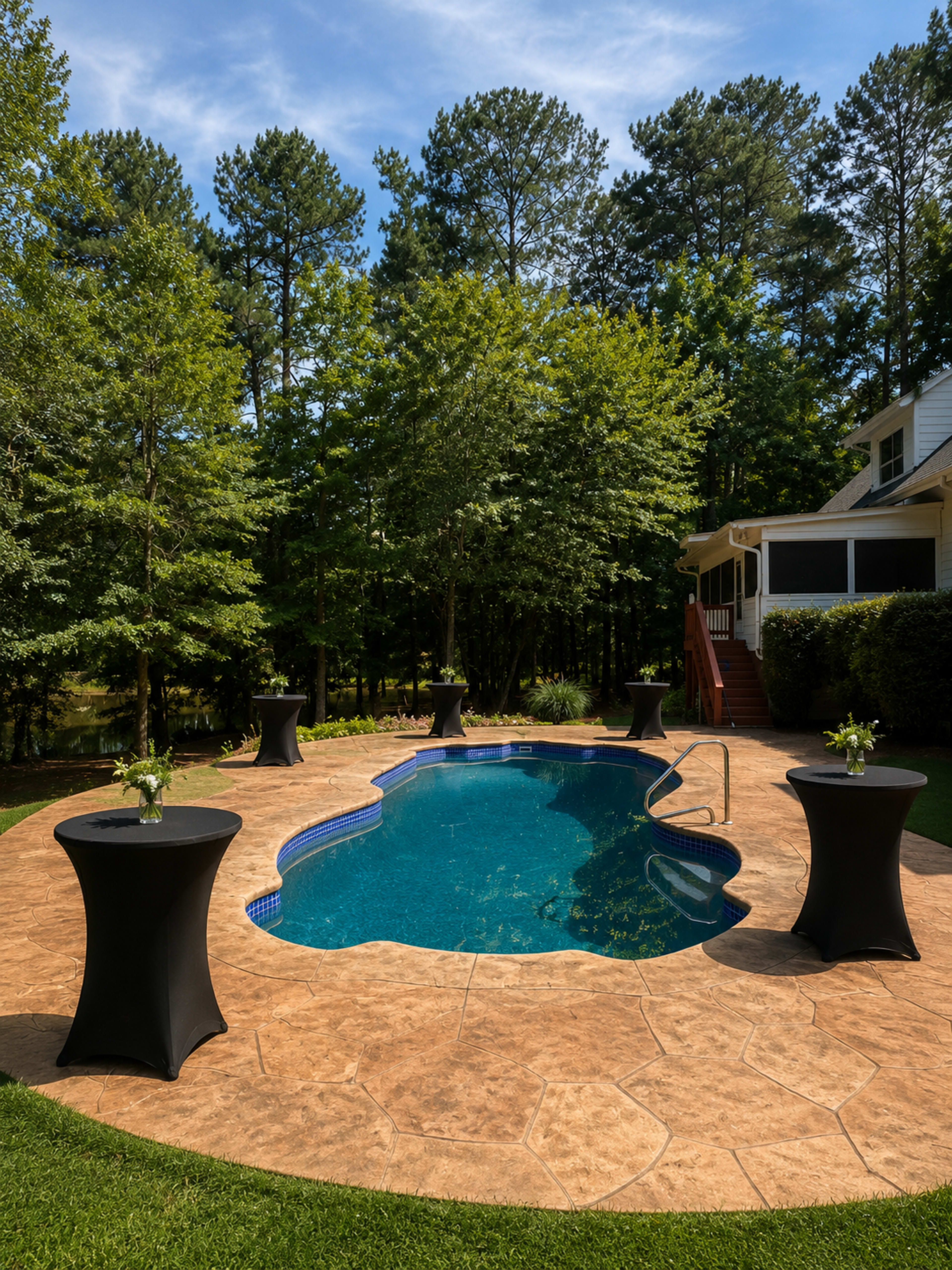 The image shows a swimming pool surrounded by five black cocktail tables, with trees and a house in the background under a clear blue sky.
