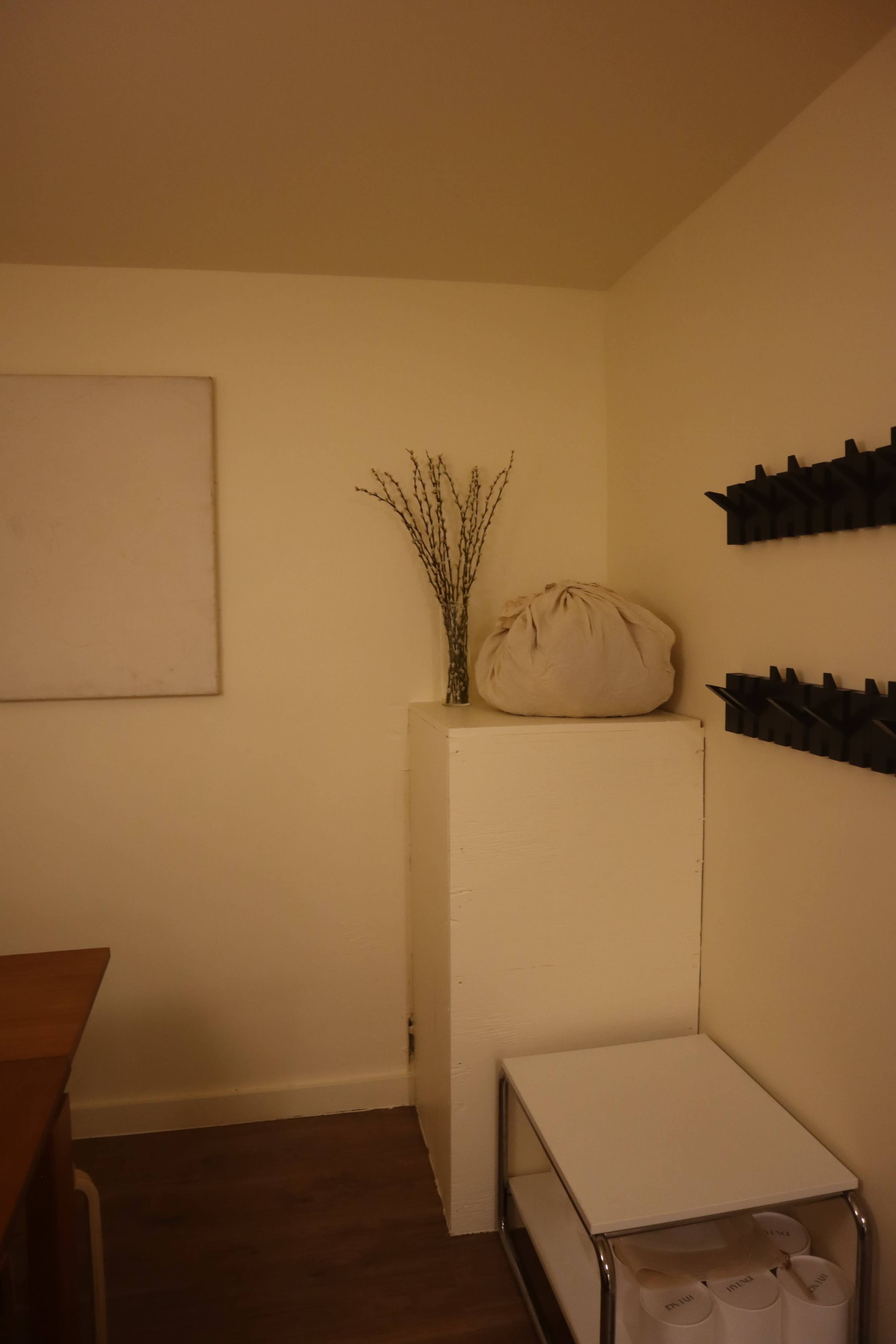 A corner of a room features a white square pedestal with a bundle of twigs on top, a fabric bag beside it, and a metal cart at the bottom.
