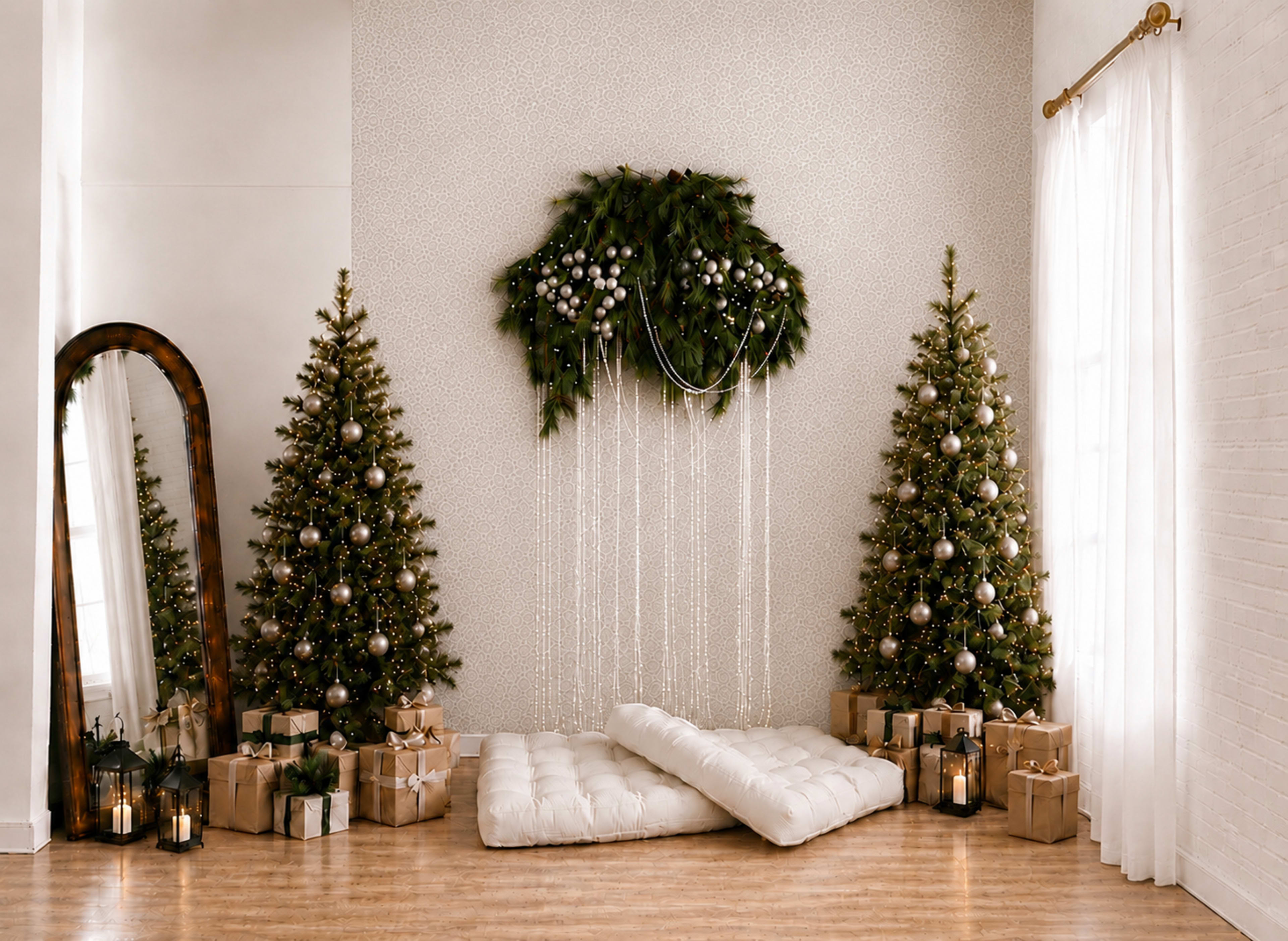 The image features a cozy holiday setting with two decorated Christmas trees, flanking a wall adorned with a wreath, and surrounded by neatly wrapped gifts and a large mirror.