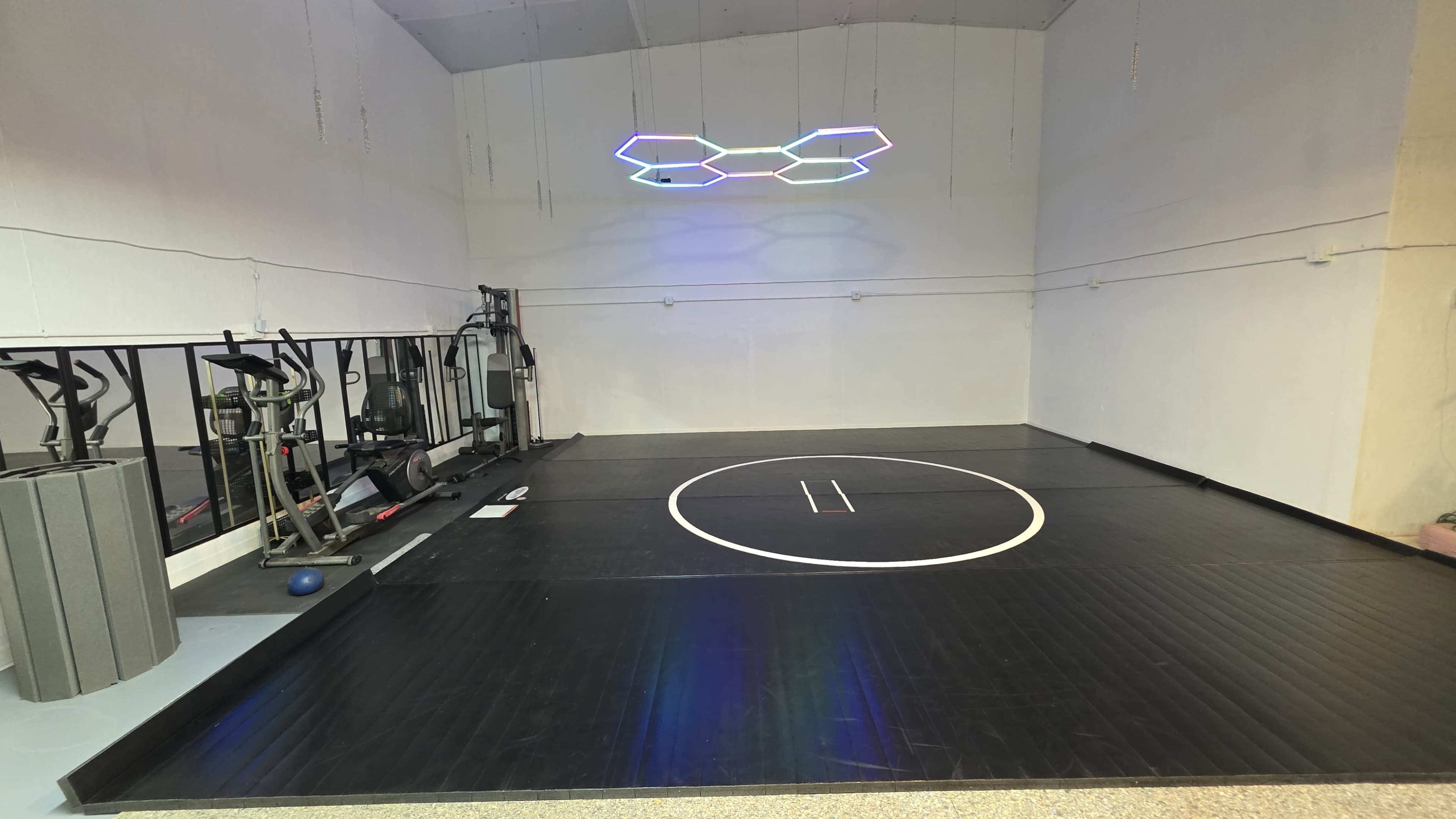 The image shows a gym space featuring a wrestling mat, exercise equipment, and modern lighting.