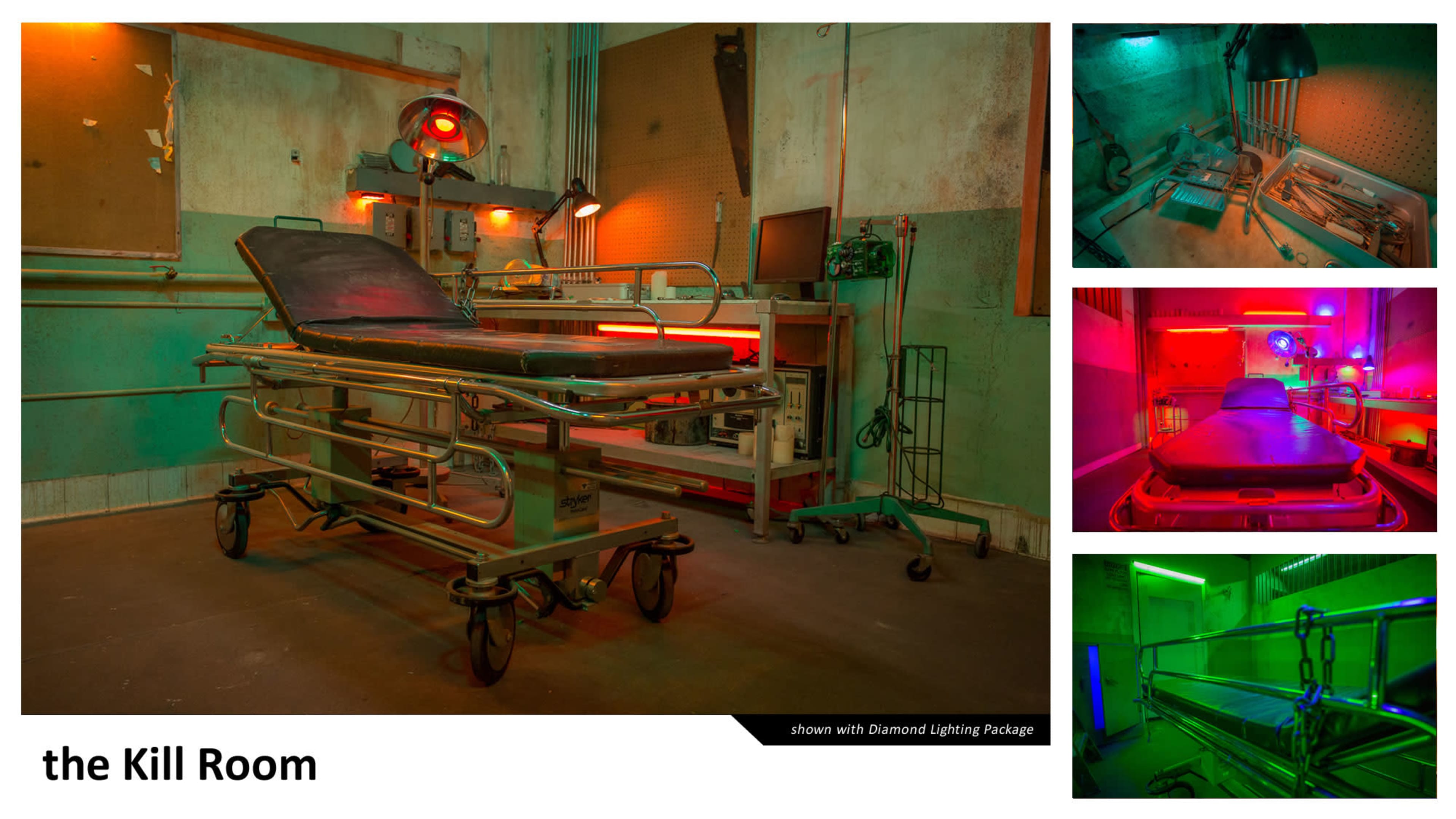 A dimly lit room featuring a stainless steel examination table surrounded by various medical equipment and eerie lighting.