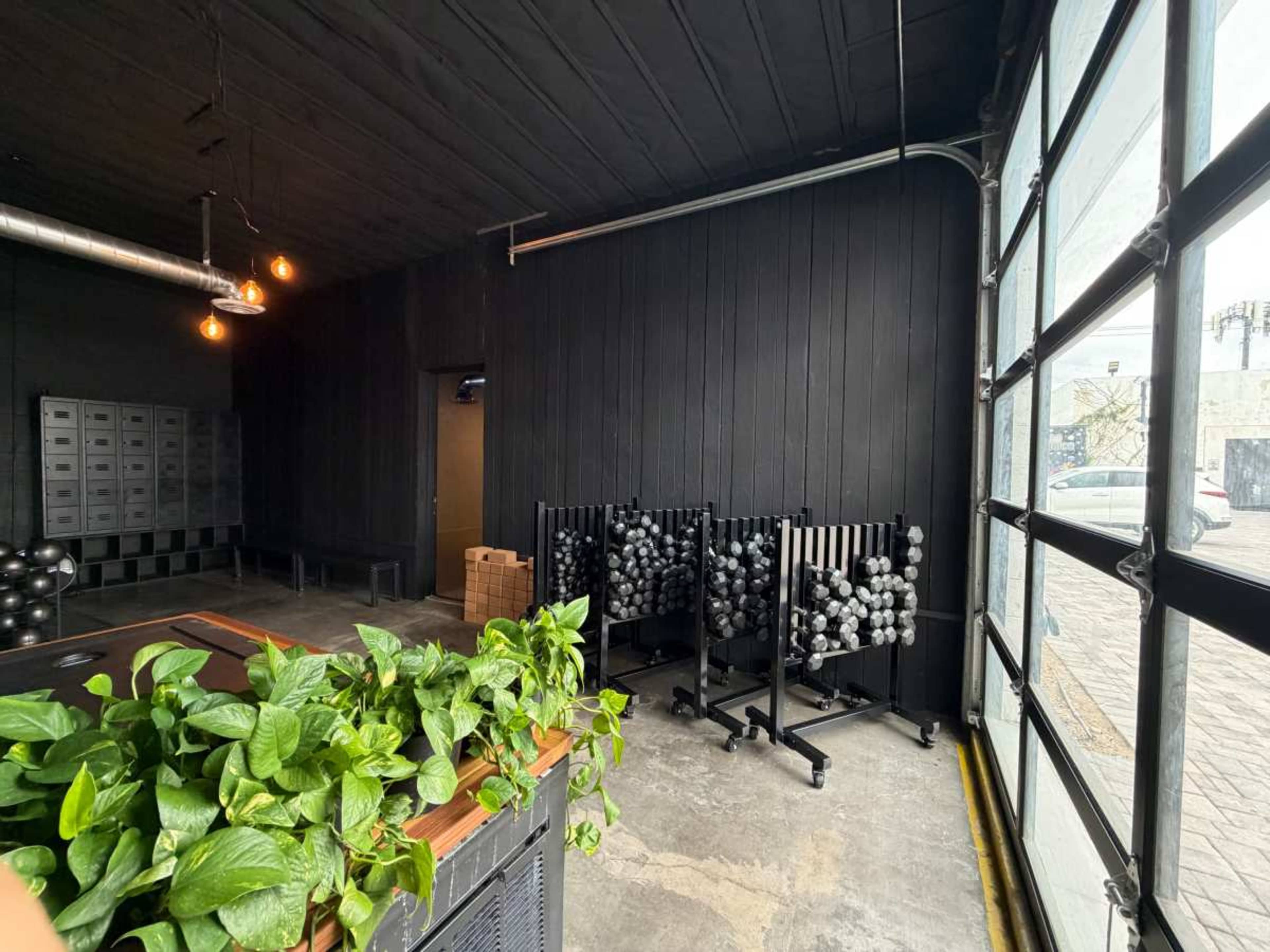 The image shows a dark-colored interior space with black wooden walls, large glass doors, and two rolling racks of fitness weights near a green plant.